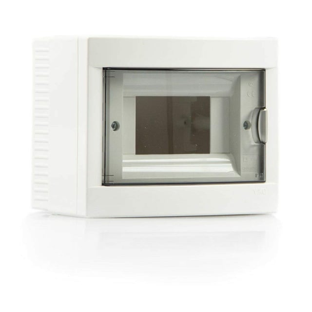 Piccola scatola di distribuzione/fusibili a parete, IP40, da 2, 4, 6, 8, 12, 16, 24 o 36 moduli, da 1, 2 o 3 file, con guida e morsetti PE/N (06 modul