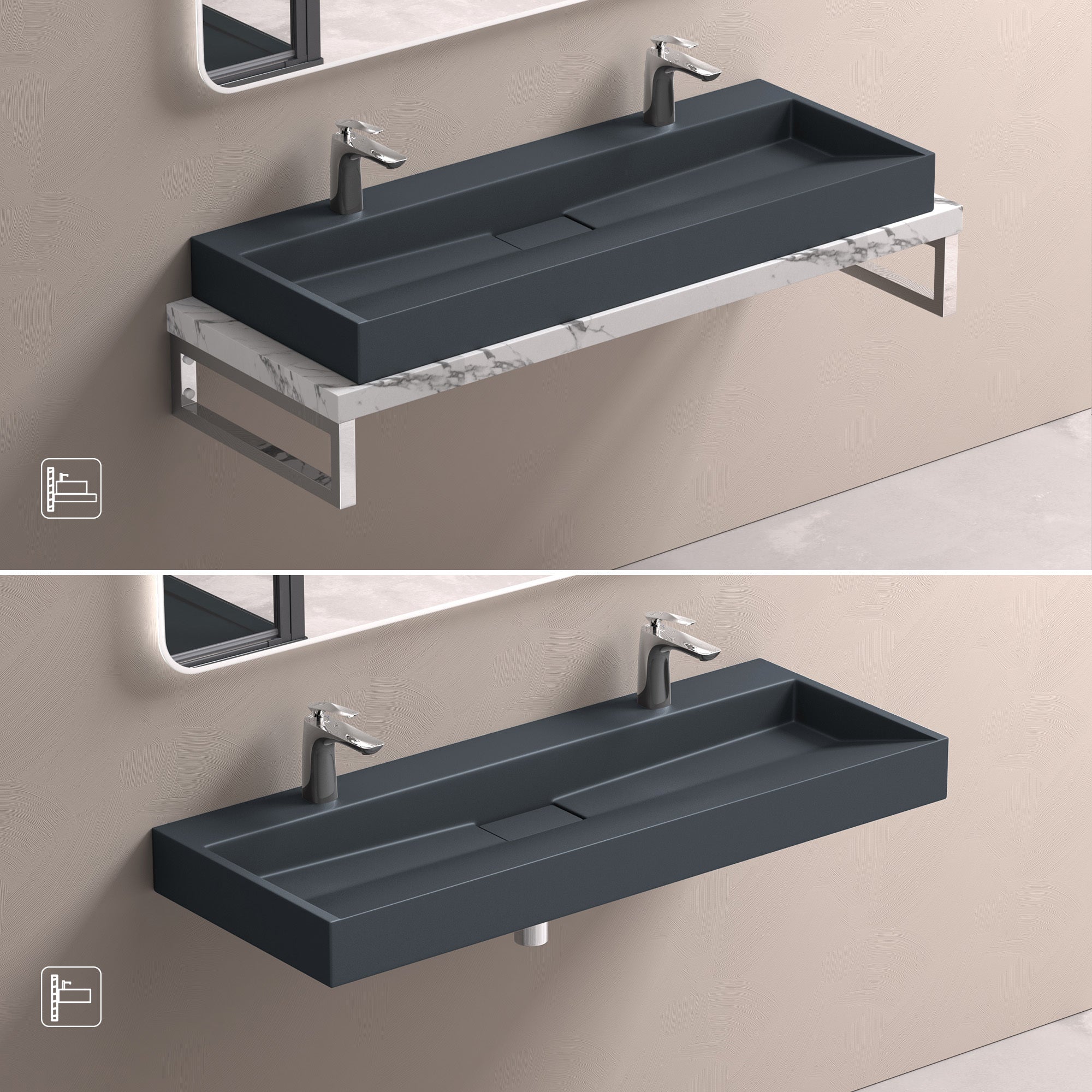 Lavabo Suspendu, Vasque à Poser, Lave-Mains Rectangulaire, 120x46x11cm, Gris Noir Mat, avec Bonde, Colossum19 doporro - 4