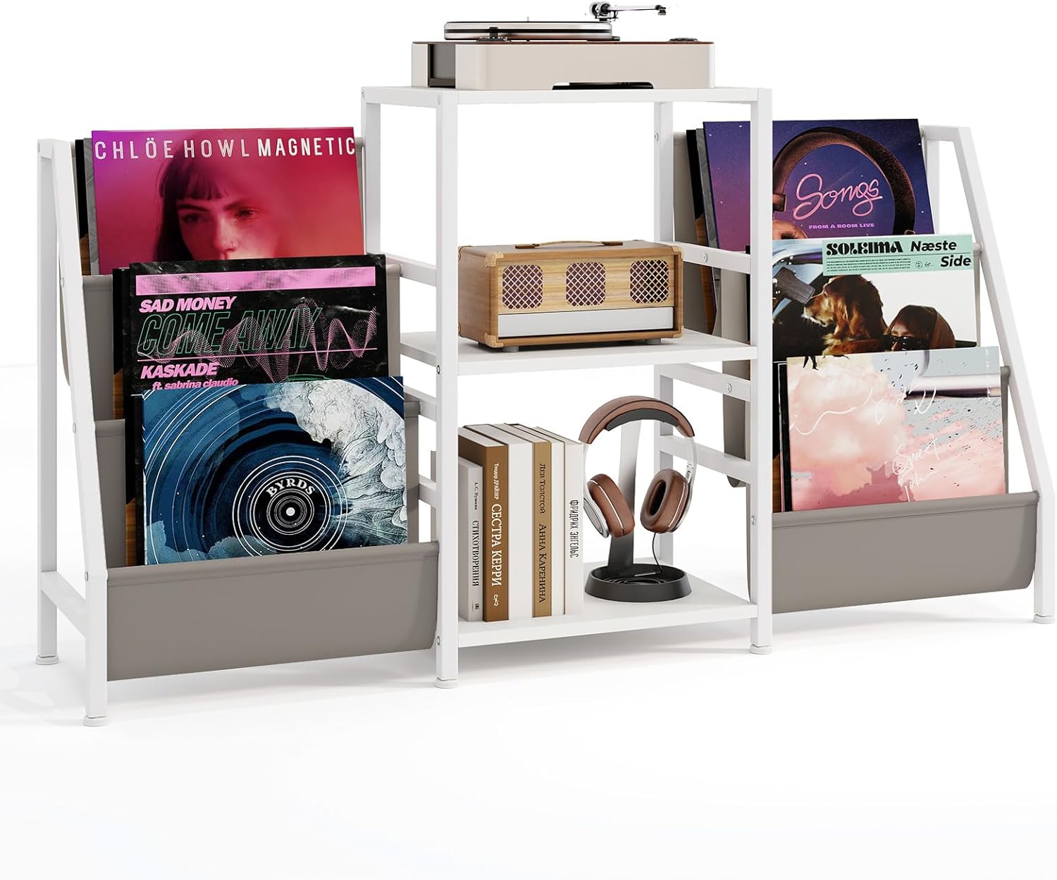 Mebel na Płyty Winylowe, Szafka Ekspozycyjna z 3 Regałami i 6 Kieszeniami, Solidna Metalowa Rama, Możliwość Dostosowania Układu, 125x30x69 cm (Biały)