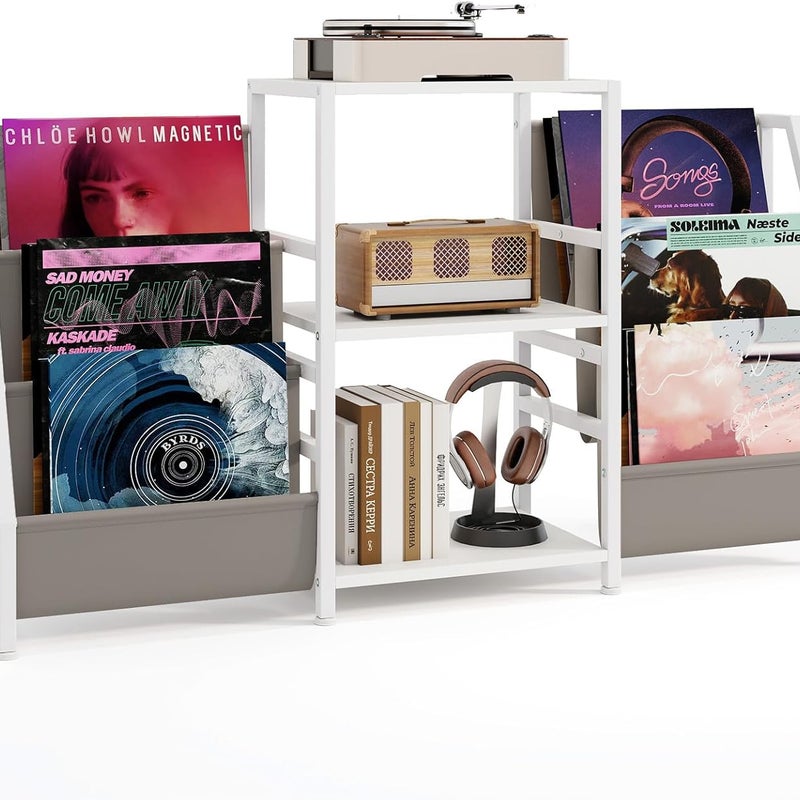 Mebel na Płyty Winylowe, Szafka Ekspozycyjna z 3 Regałami i 6 Kieszeniami, Solidna Metalowa Rama, Możliwość Dostosowania Układu, 125x30x69 cm (Biały)