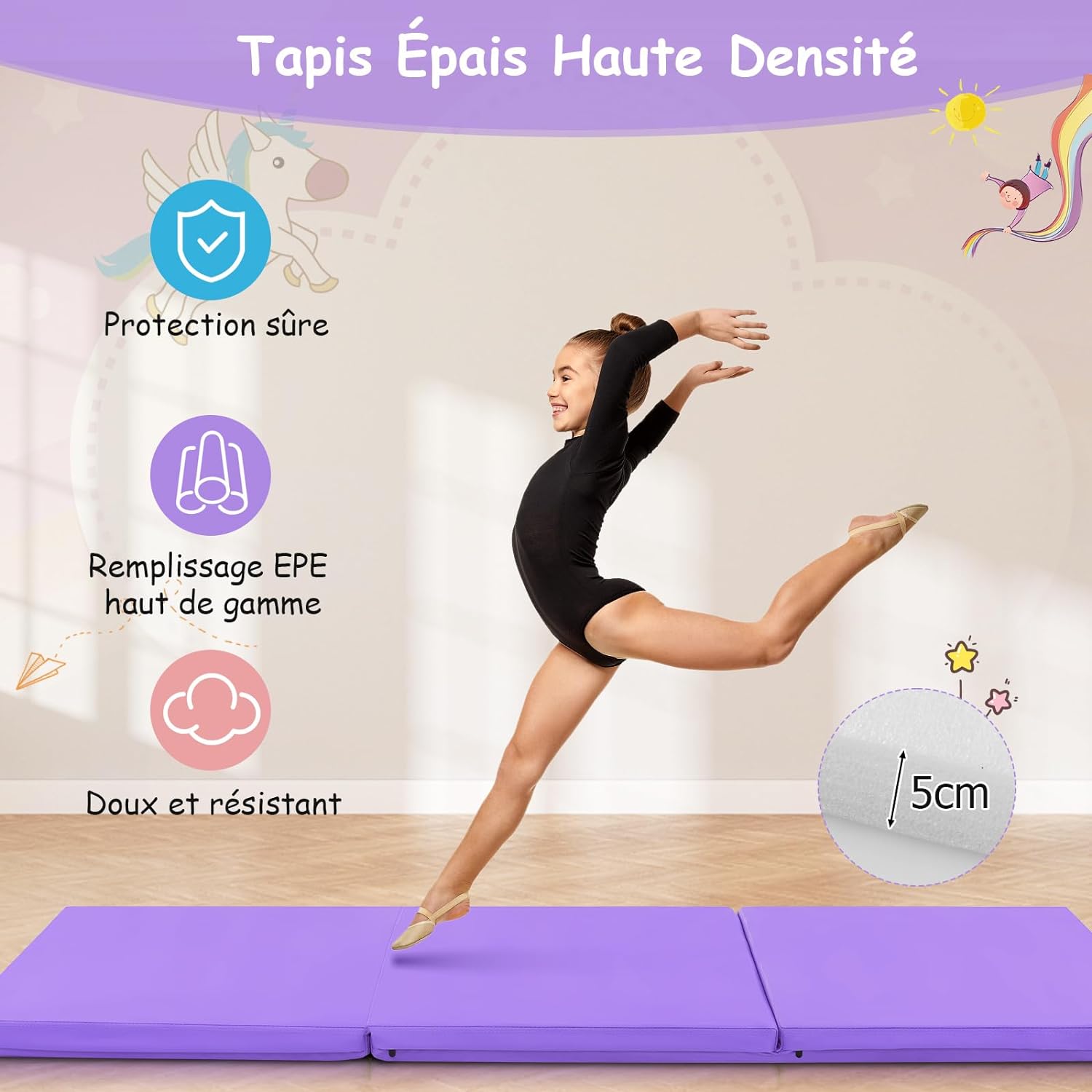 Tapis Fitness Antidérapant Noir 180x60cm Épais - Yoga Pilates Gym Musculation SPRINGOS