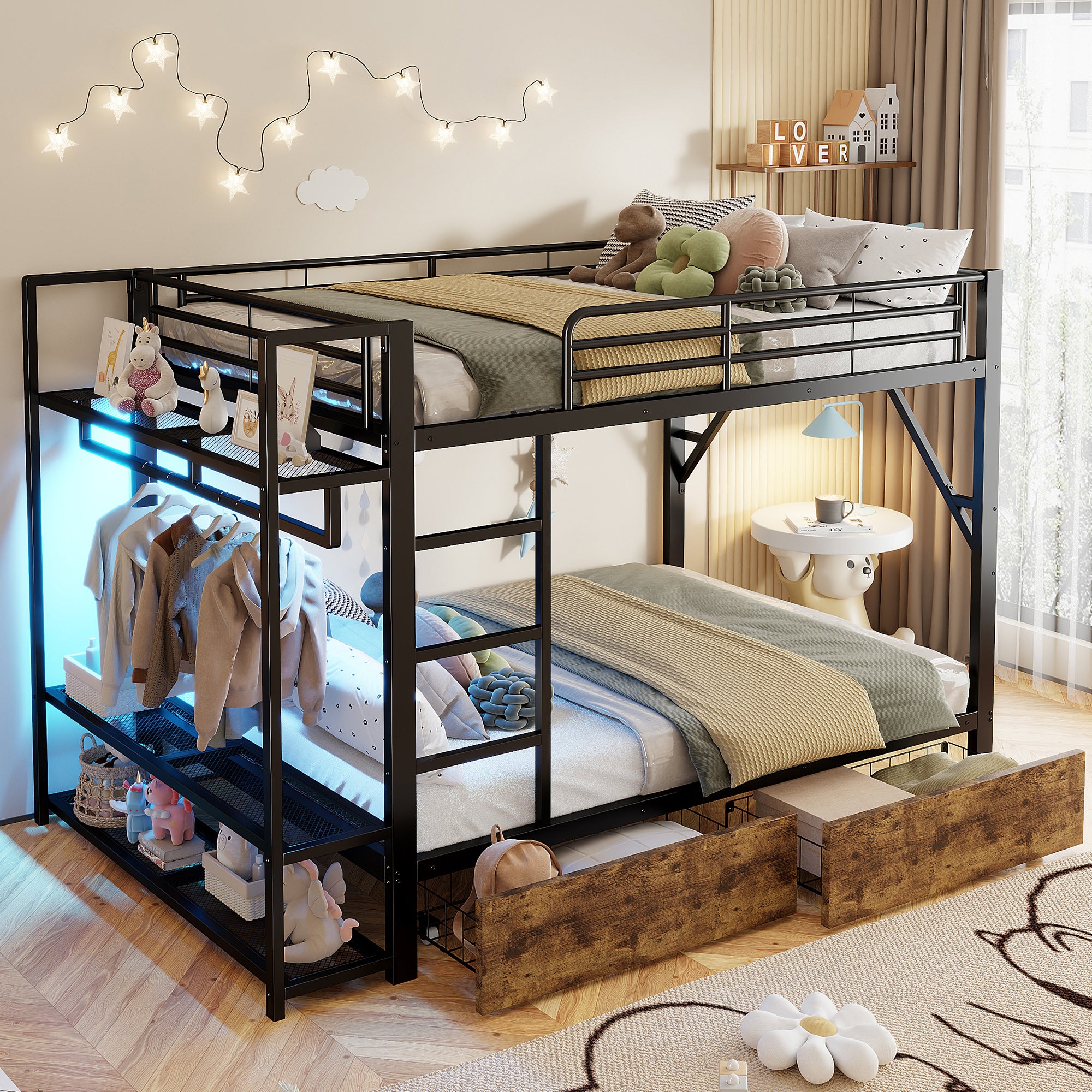 Lit Mezzanine 140x200 cm Étagère avec LED, Cadre de lit Noir avec Tablettes et Porte-Vêtements Métallique, Lit superposé avec 2 Tiroirs, sans Matelas - 2