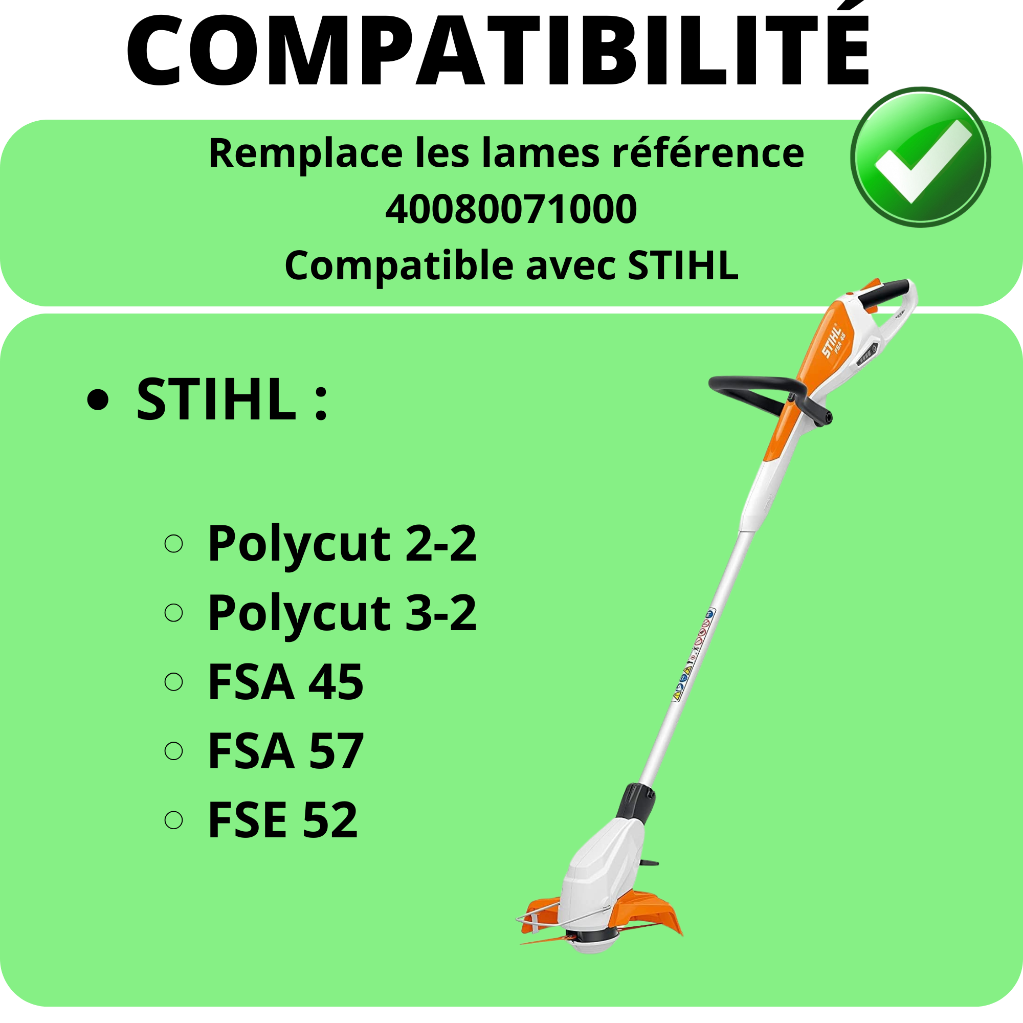 Cuchilla de repuesto 40080071000 compatible Stihl Polycut 2-2 Polycut 3-2 FSA 45 FSA 57 FSE 52 - Cuchilla de plástico para cortabordes [Pack de 100]