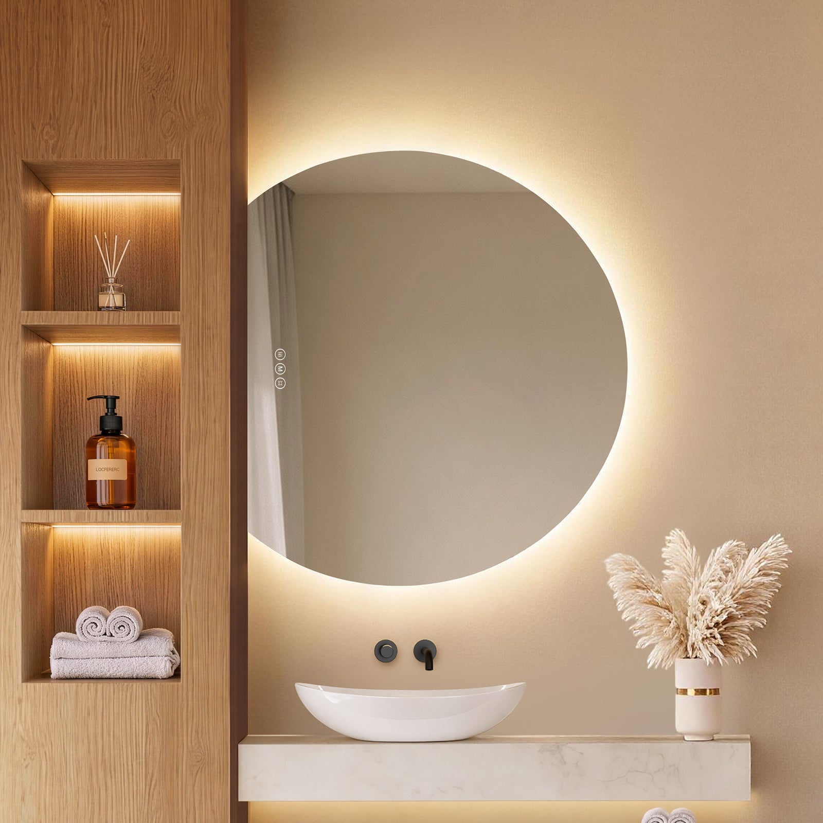 EMKE Oglindă baie LED 90 x 73 cm - Semilună fără ramă - Funcție antiaburire, 3 culori de lumină, intensitate reglabilă