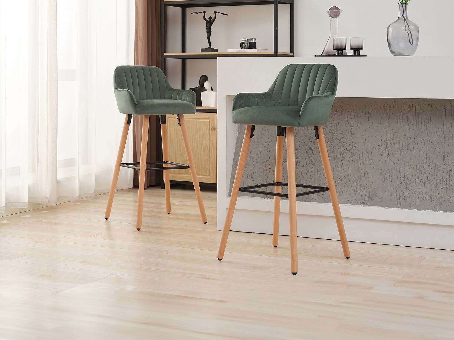 Zestaw 2 stołków barowych - Welur i metal efekt drewna - Kolor ciemnozielony - ELEANA