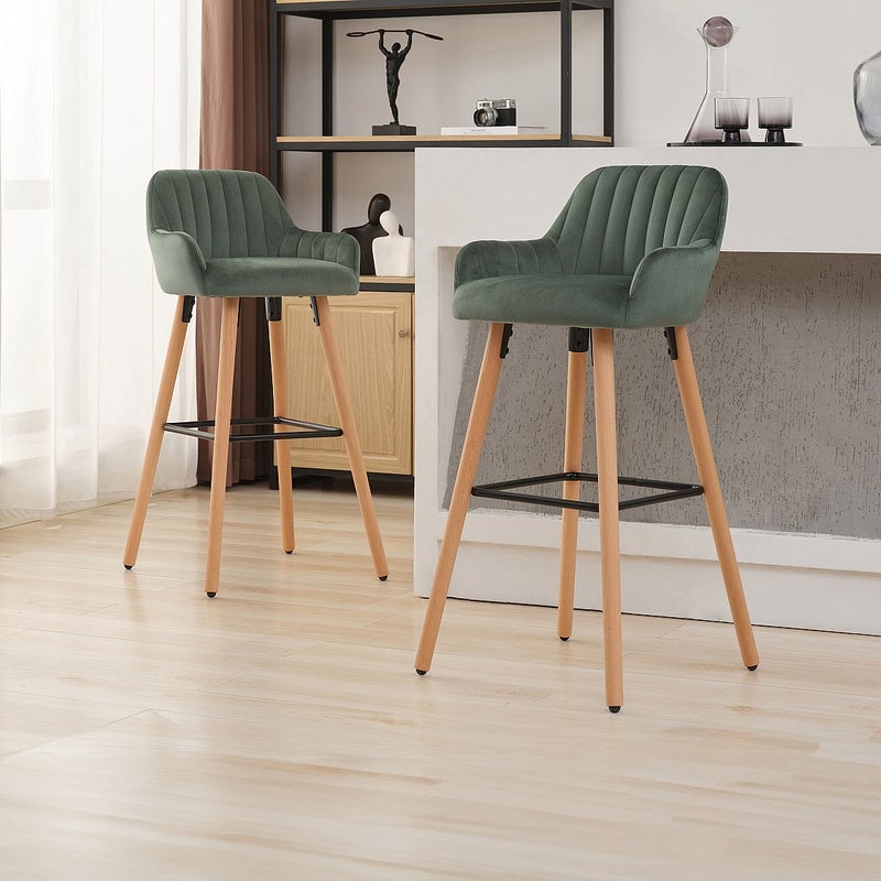Zestaw 2 stołków barowych - Welur i metal efekt drewna - Kolor ciemnozielony - ELEANA