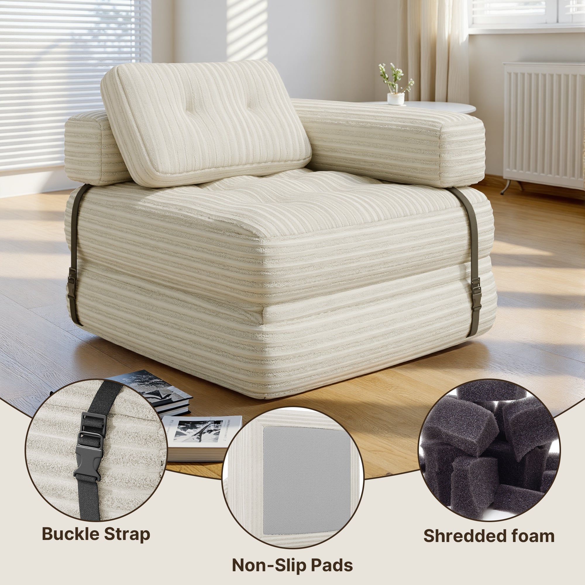 Bealife Sofá Conversível Poltrona-Cama Individual em L Branco Veludo Cotelado Travesseiro Longo 85 x 85 cm - 4