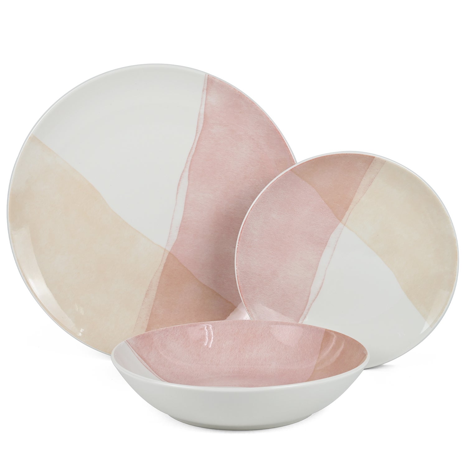 Vajilla 18 pzs porcelana tonos rosa, plato llano:ø27cm