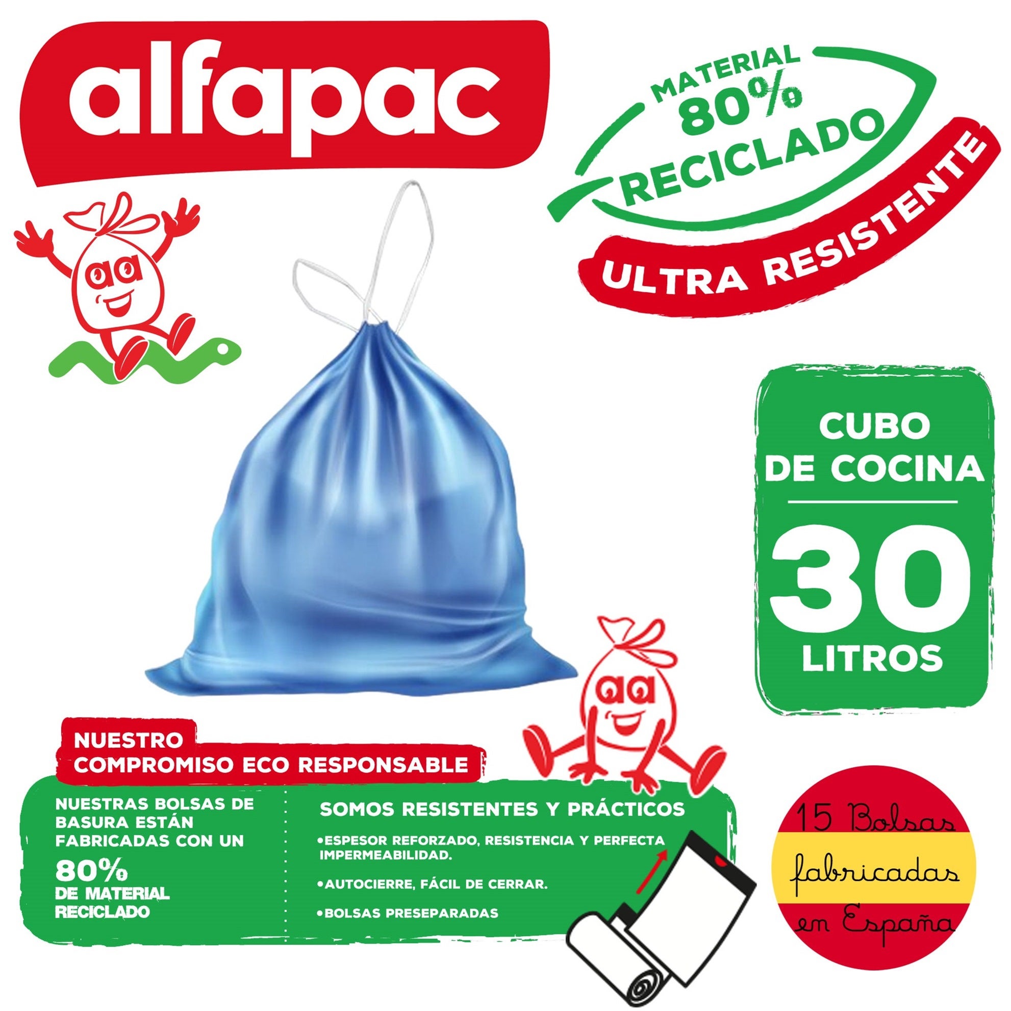 80% reciclado 4 rolos de 15 sacos de lixo reutilizáveis ​​30L - 2