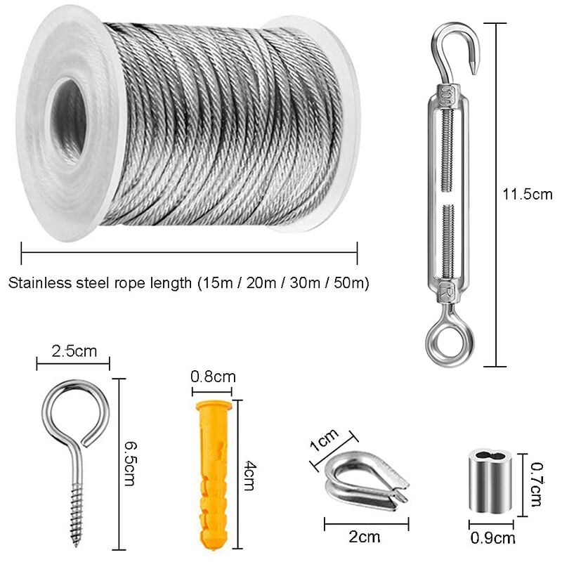 30m Kit de Corde Câble en Acier Inoxydable, Cable Métallique, Câble INOX avec Tendeur et Crochets pour Suspension Lumineuse,Plante grimpante - 2