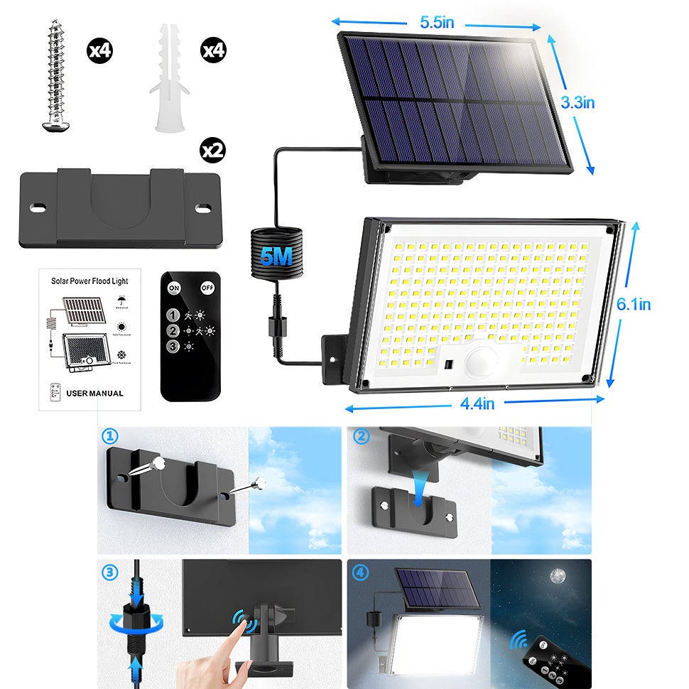 Lumière solaire à détecteur de mouvement, projecteur solaire 172LED avec télécommande, lumière de sécurité solaire étanche pour l'extérieur, 3Modes - 5