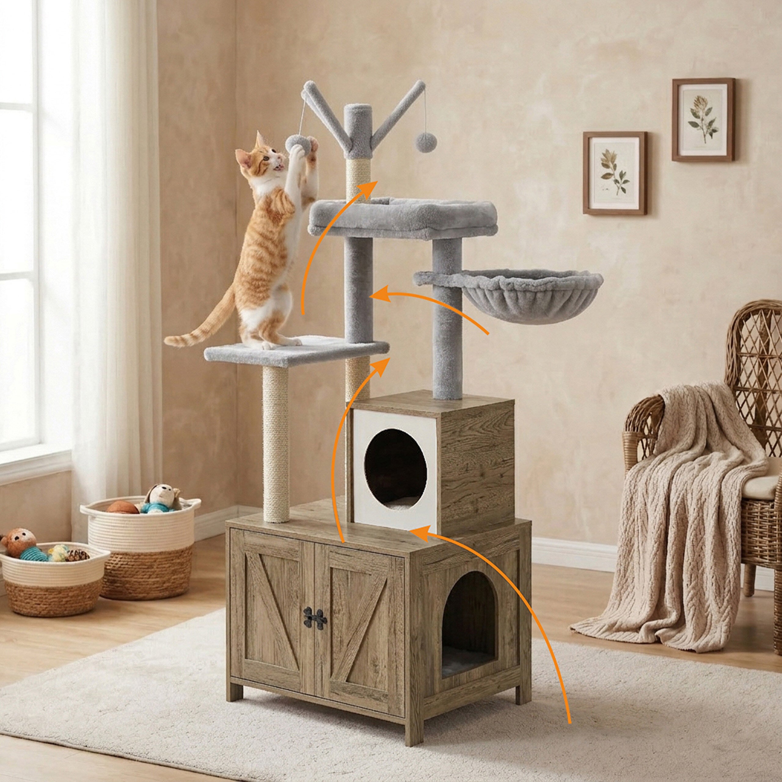 Árvore para gatos com armário para caixa de areia, 150 x 60 x 49 cm, postes de sisal e cama, efeito madeira branco, Relaxdays - 5