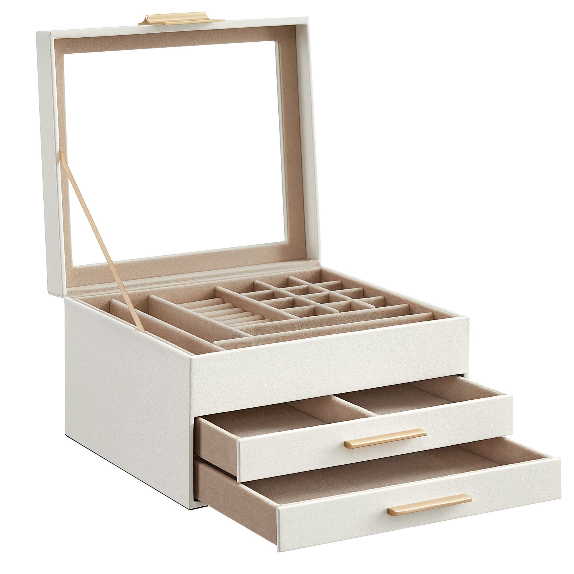 Estche Caja Joyero de 3 Niveles, Estche de Joyería, Tapa de Cristal, con 2 ...