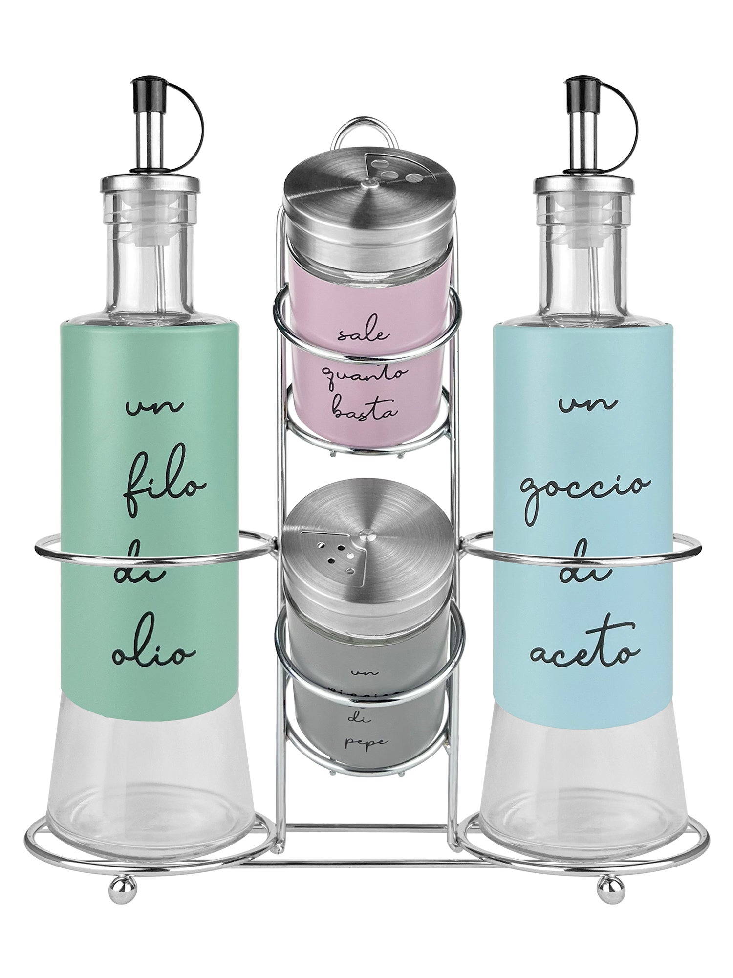 Set Saliera E Pepiera In Vetro E Acciaio Inox Con Supporto Nero - 2 Pezzi Con Coperchi A Vite S E P