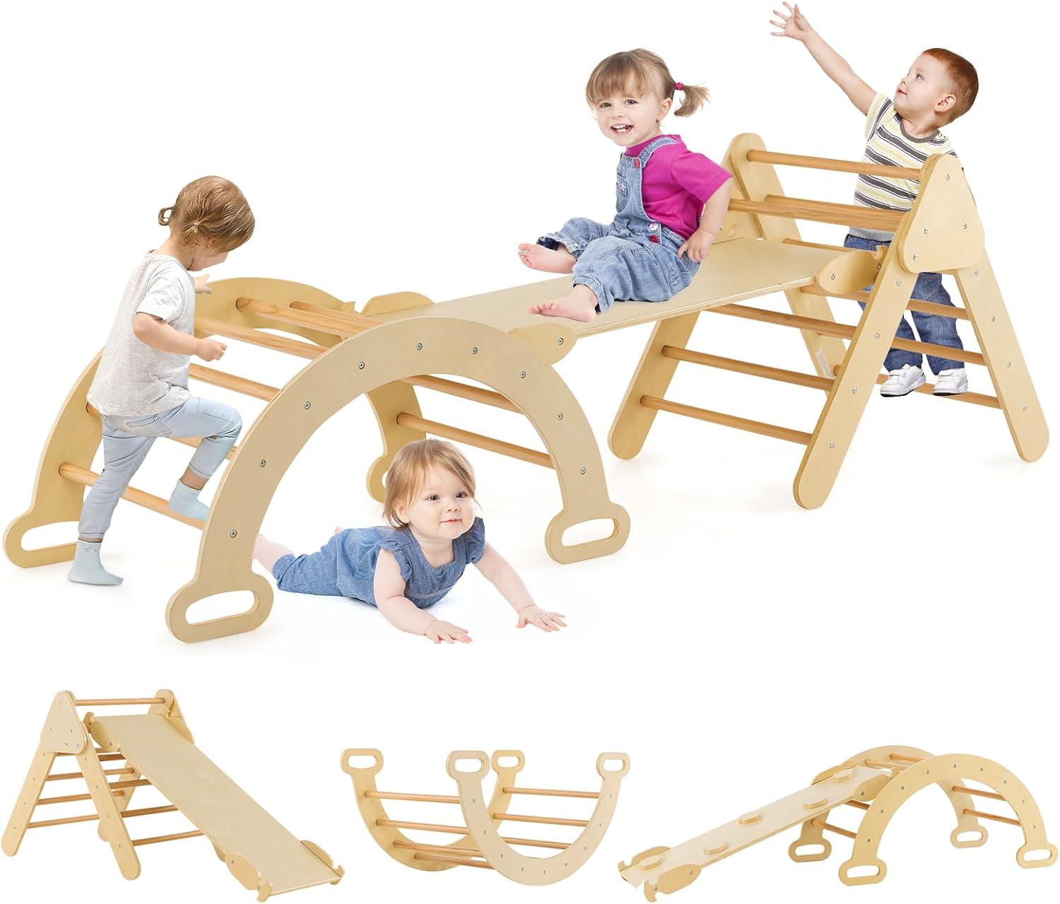 GOPLUS Arche Escalade 8-en-1 Montessori – Cheval à Bascule, Bac De Rangement, Tunnel, Balançoire – Bois De Hêtre, Charge 50 Kg, 90x50x48 Cm, Dès 3 Ans