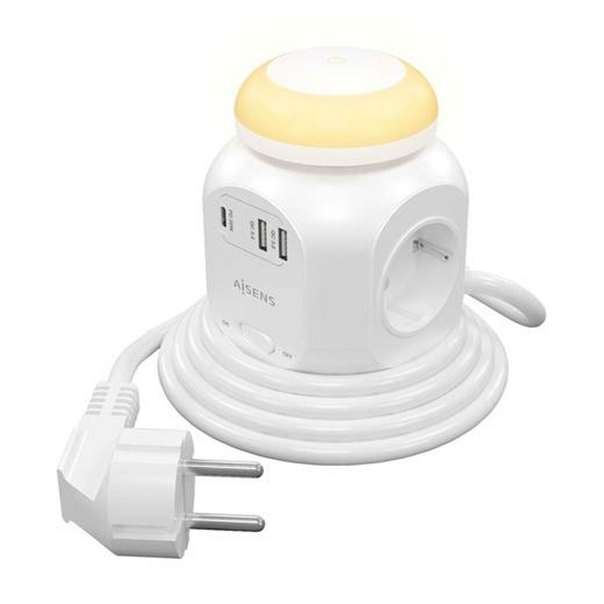 Extenso eltrica com interruptor e luz noturna Aisens ASPS-2A1CLPQ02-W/ 4 tomadas eltricas/ 1 USB tipo C PD/ 2 USB/ cabo 1,8 m/ branco