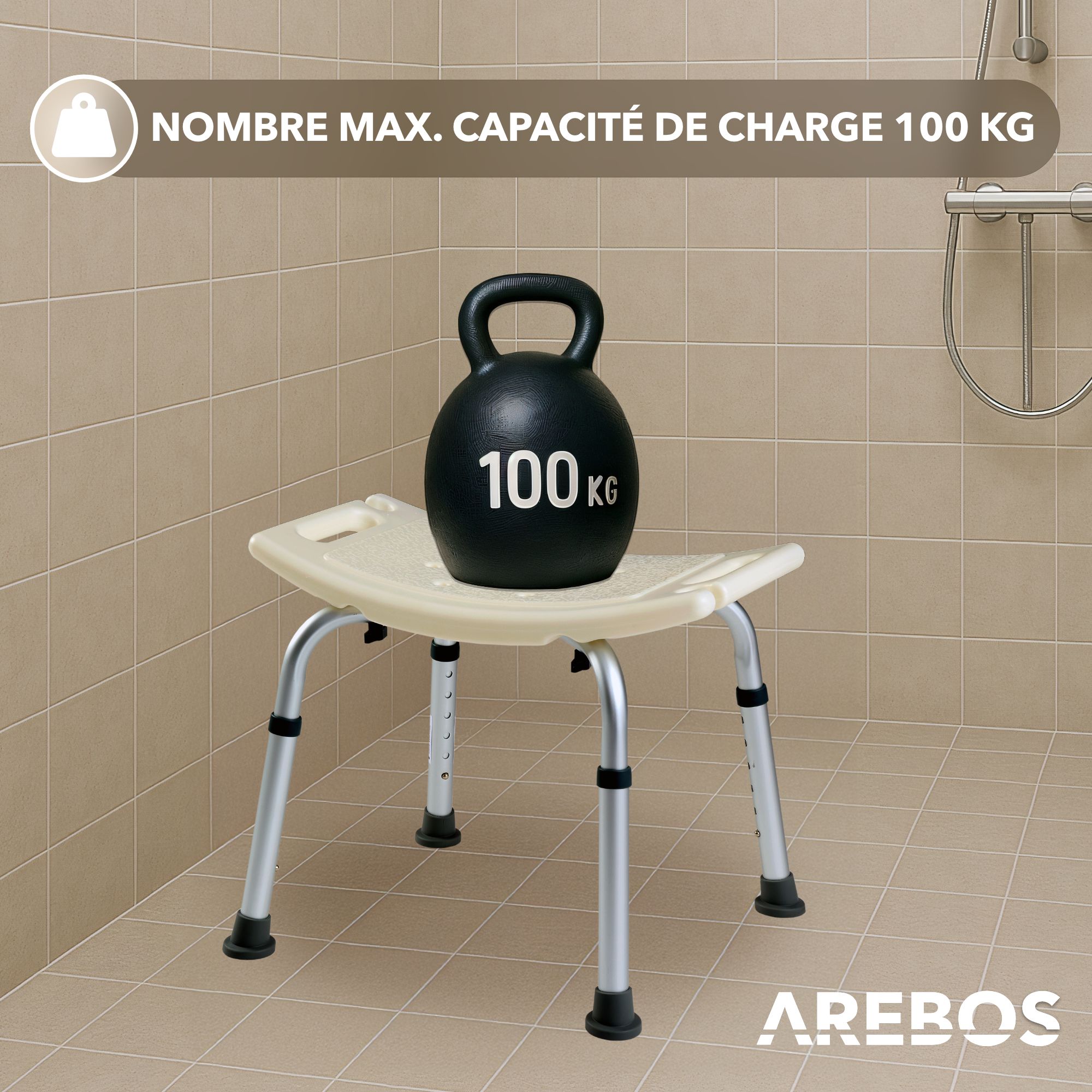 AREBOS Siège de Douche Tabouret de Douche | à Hauteur Réglable | Chaise de Douche | Aluminium | en Plastique HDPE | Rectangulaire | Montage Facile - 6