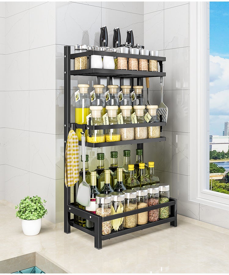 Étagère de rangement pour épices de cuisine, étagère simple à trois niveaux (hors porte-couteau), noire - 4