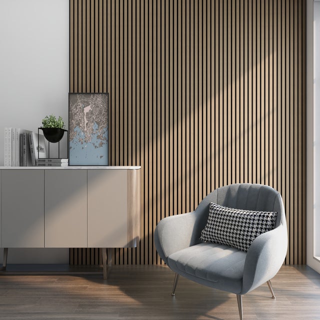 Set di 16 Pannelli Fonoassorbenti Decorativi Isolamento Acustico per Parete e Soffitto Pannelli in Feltro Acustico PET Listelli in MDF - Noce chiaro