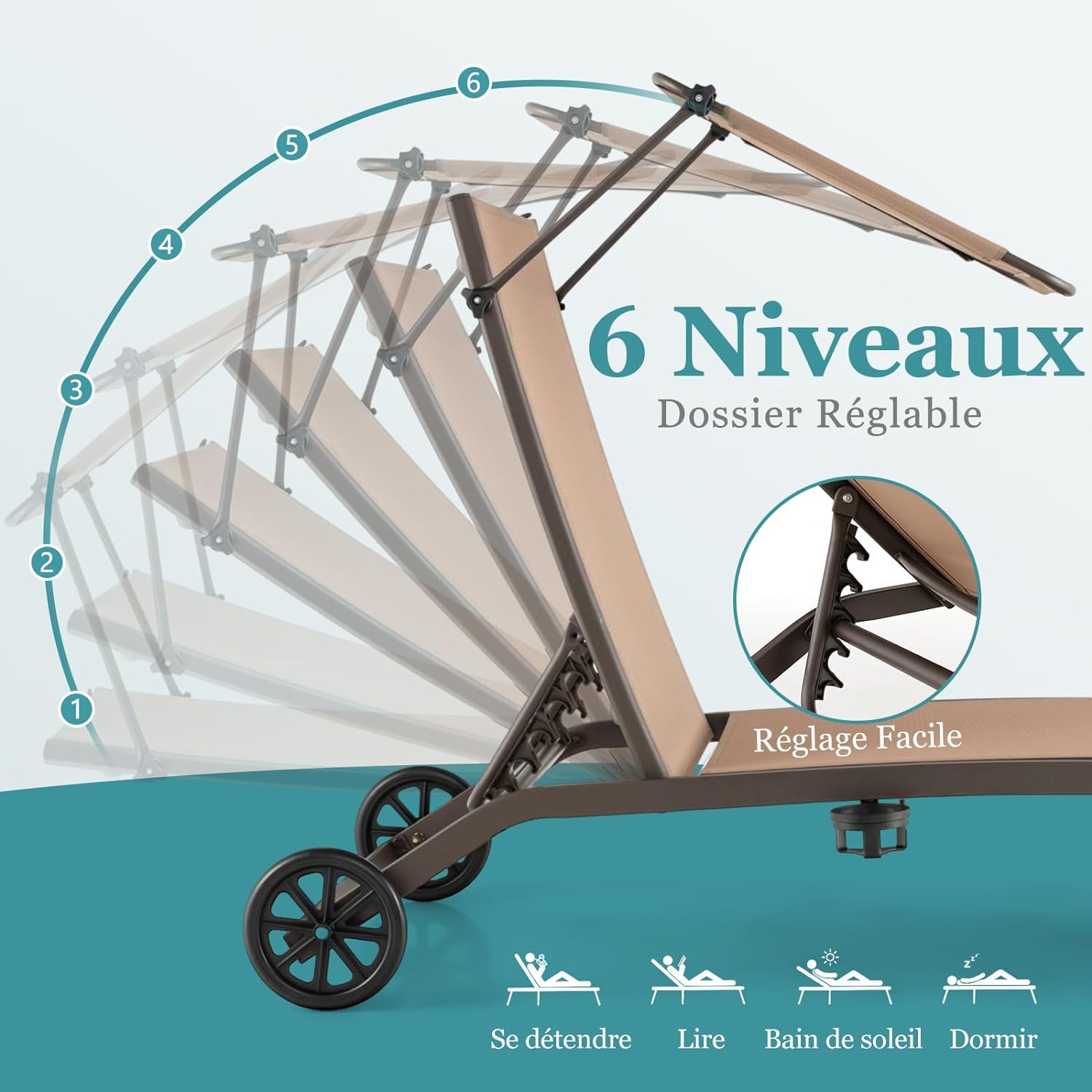 Transat Jardin Extérieur - Pare-Soleil Réglable, 165x61x96 CM, Bain de Soleil - Dossier Réglable 6 Niveaux avec Roulettes Charge 150KG, Marron - 4