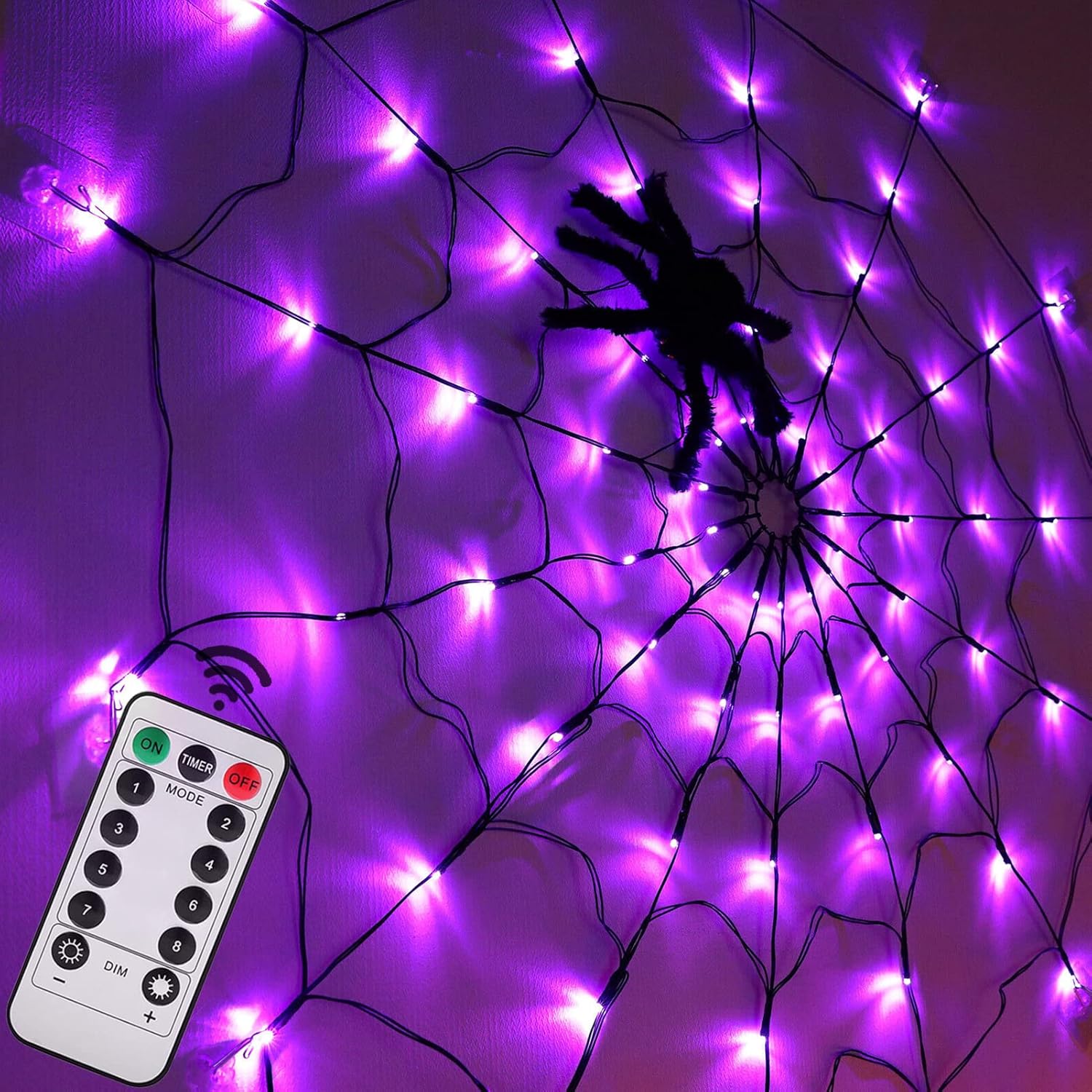 Dekoracje na Halloween w kształcie pajęczej sieci – średnica 1,2 m, 70 diod LED z czarnym pająkiem, wodoodporna siatka świetlna, kolor fioletowy
