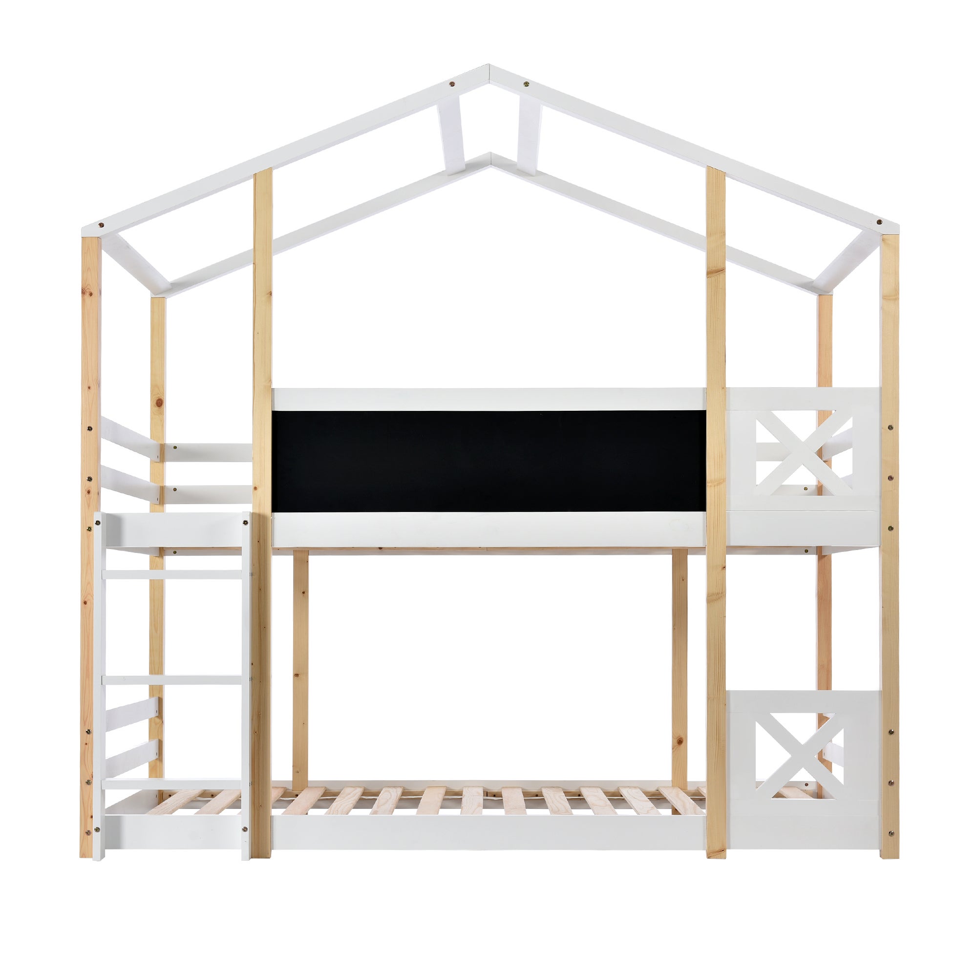 Lit superposé cabane en pin massif avec barrières anti-chutes + échelle + tableau noir - 90x200cm - Naturel & Blanc - 4