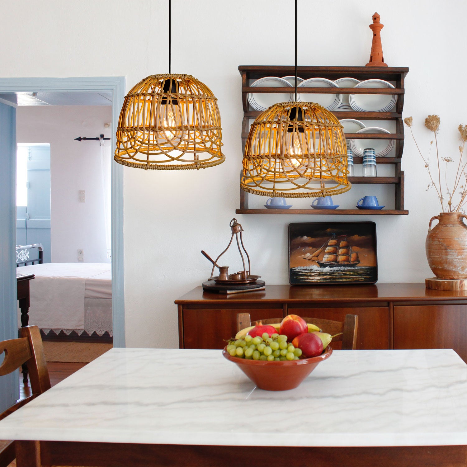 Lampadario in rattan - lampadario da esterno bohémien portatile, attacco E27, lampadario in rattan intrecciato artigianale, con telecomando - 7