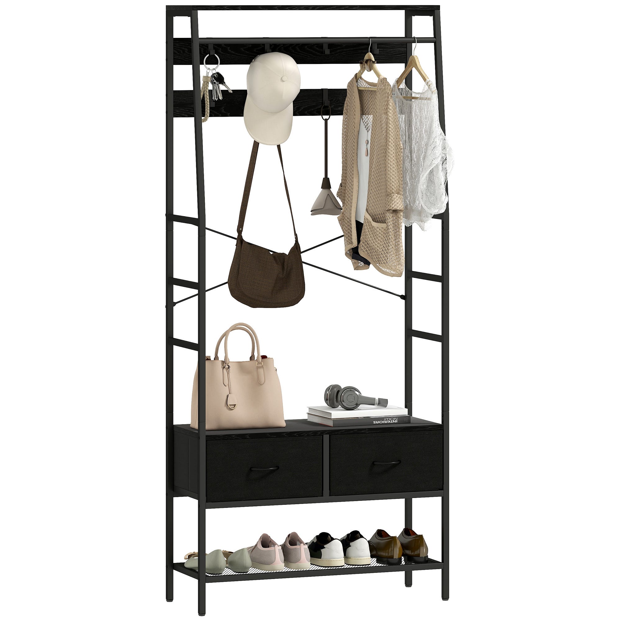 Porte-manteau, Avec Étagère à Chaussures, 7 Crochets Doubles, 35 X 81 X 180 Cm, Blanc Nuage - Vestiaire Porte-manteau, Avec Étagère à Chaussures, 7 Crochets Doubles, 35 X 81 X 180 Cm, Blanc Nuage - Vestiaire