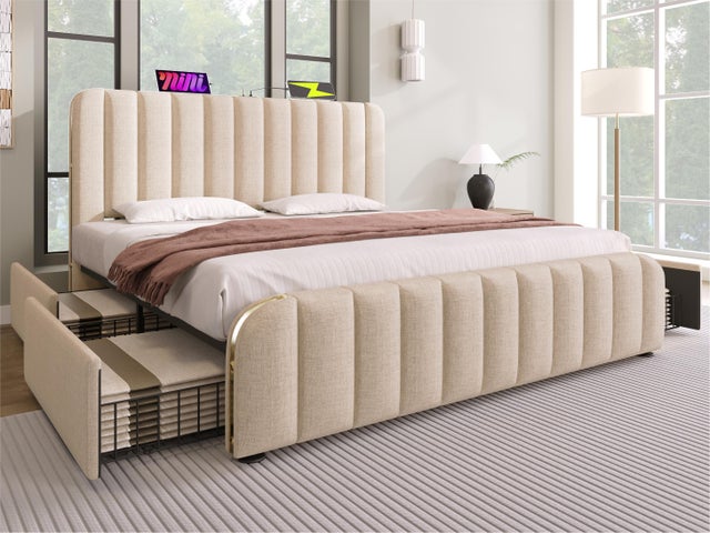 Letto con cassetti 180x200 cm in tessuto di lino - con ricarica USB e Type-C - decorato con strisce dorate - Beige