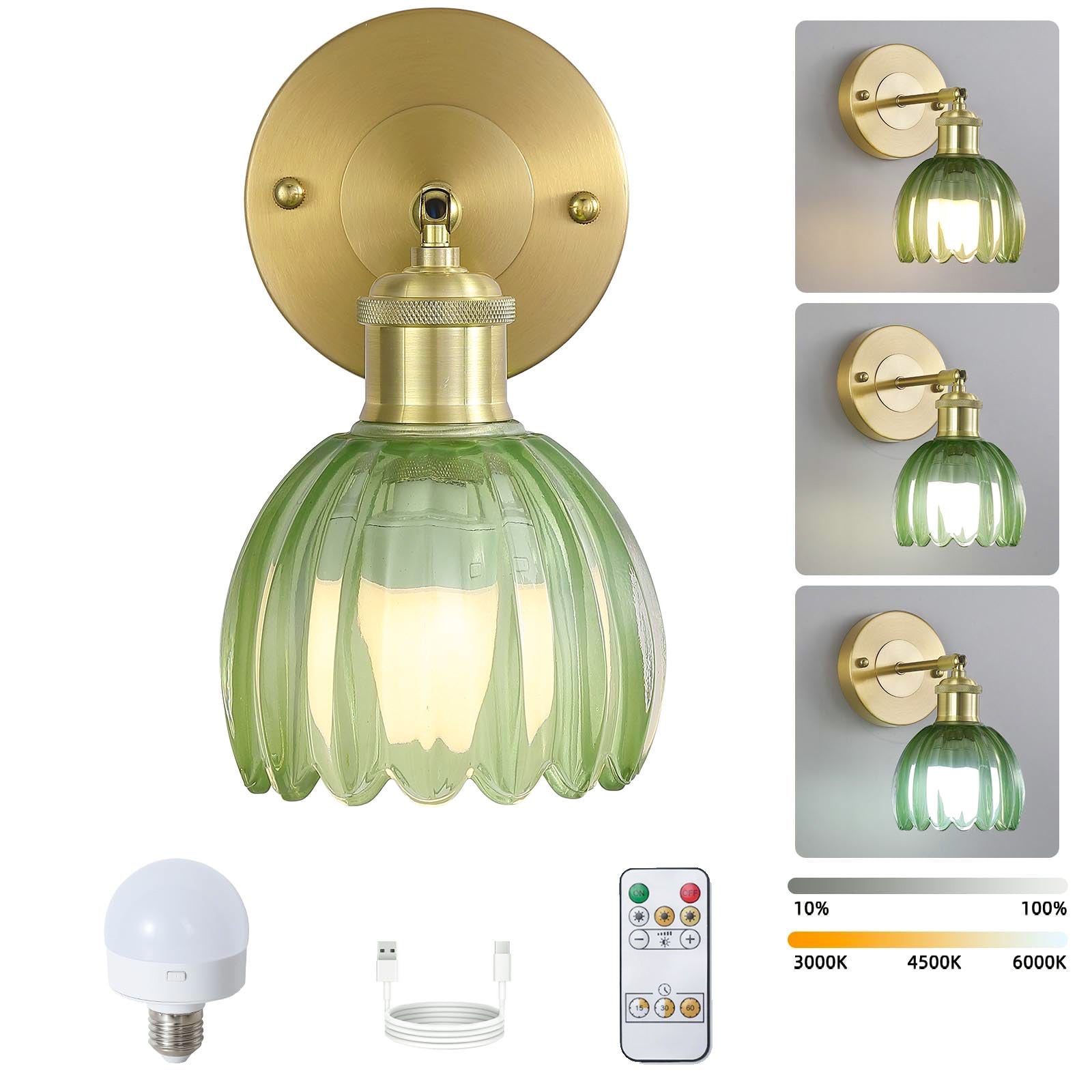 Akumulatorowa lampa ścienna LED z pilotem, bezprzewodowa lampka nocna, ściemnialna, 3 temperatury barwowe 3000K-6000K, z żarówką