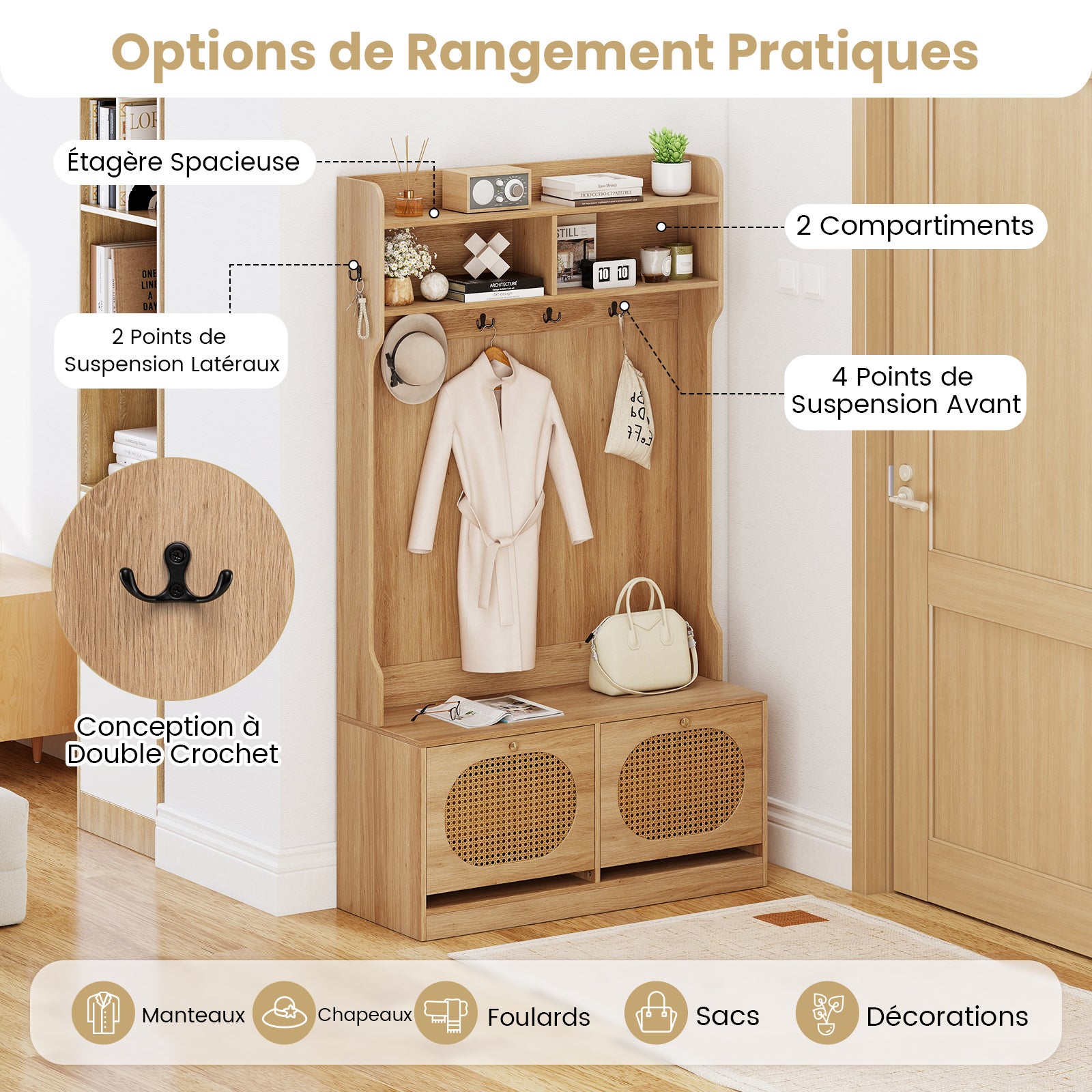 Porte-manteau d'Entrée 4 en 1, avec Banc, Tiroirs à Abattants, 6 Crochets Doubles et Portes en Rotin Synthétique, 101,5 x 40 x 180 cm, Naturel - 3