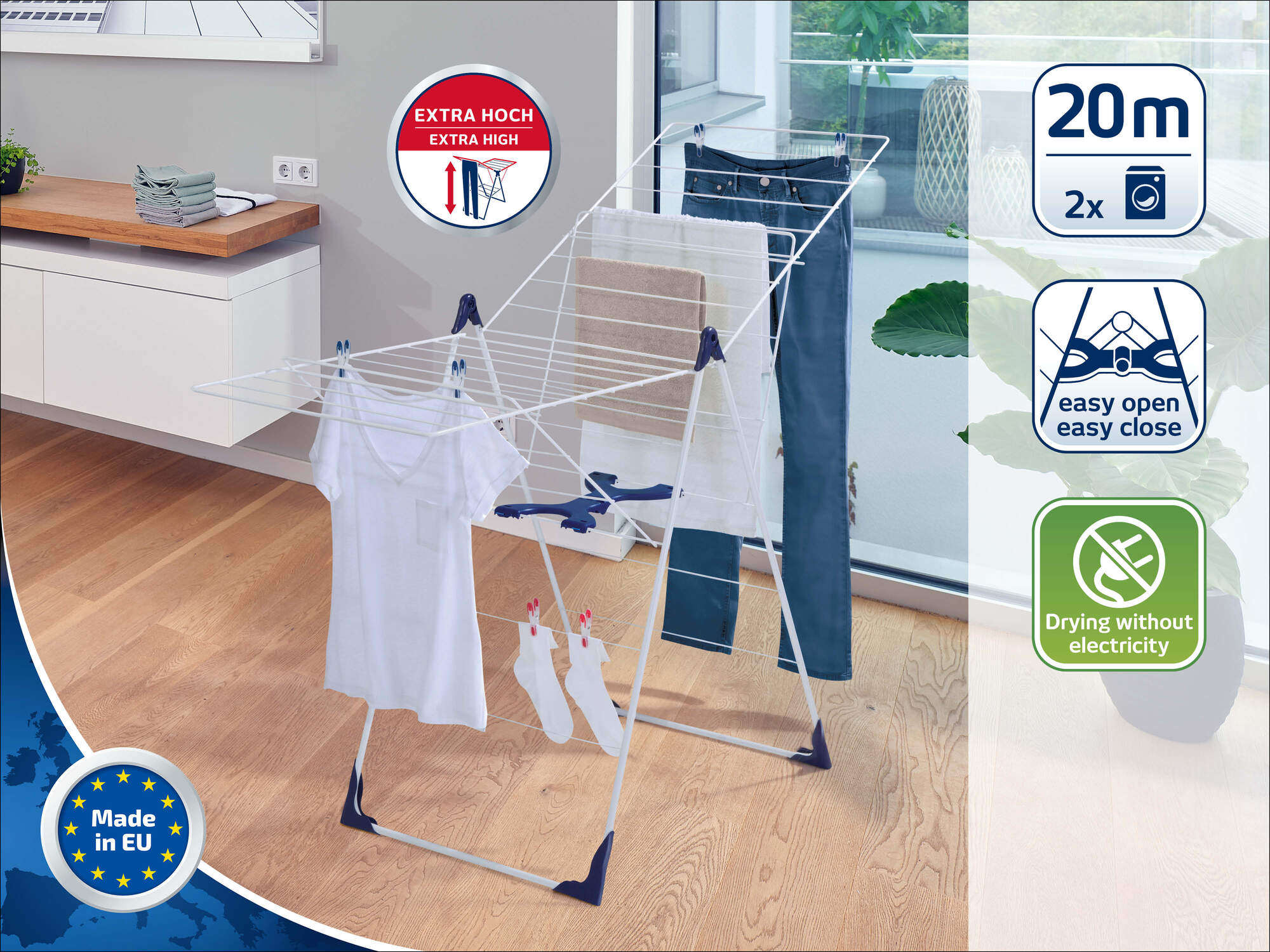Leifheit étendoir à linge Classic 200 Flex 81408, séchoir à linge stable avec 20m d'étendage, hauteur réglable, blanc - 2