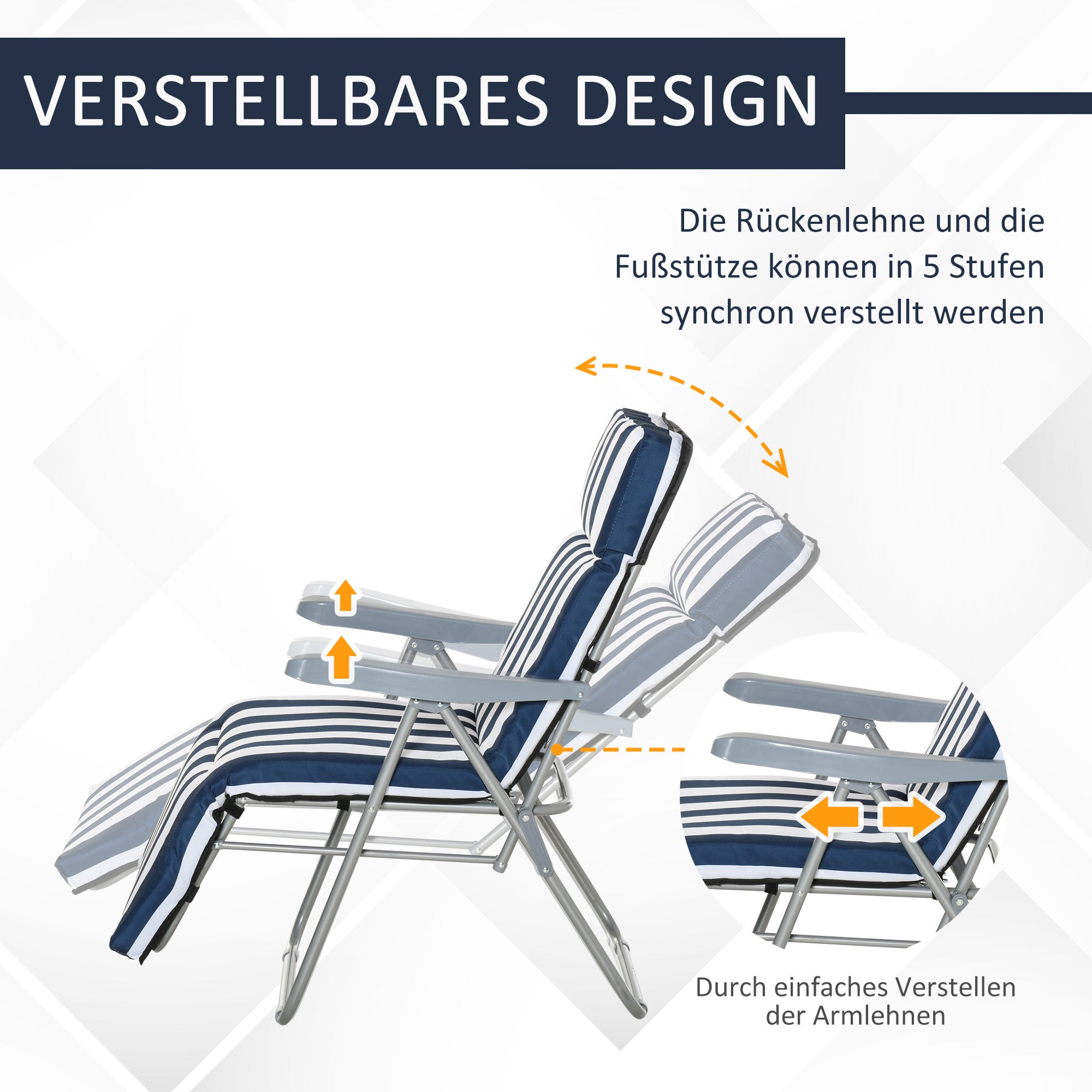 Lot de 2 chaises longues pliantes avec accoudoirs, pliables, 5 positions, coussin, bleues, 60 x 75 x 102 cm - 6