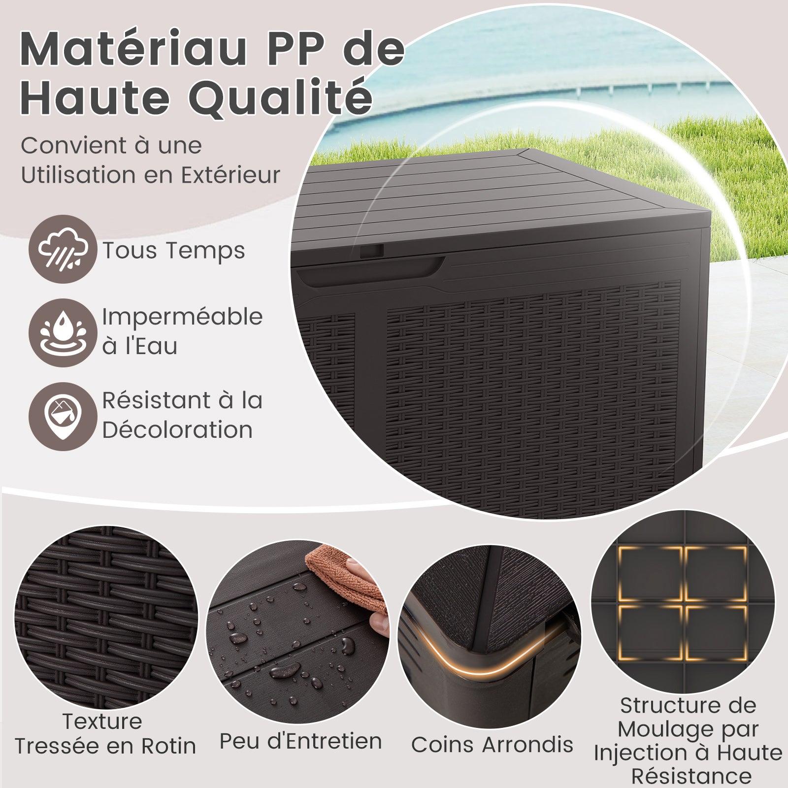 Coffre de Terrasse en Résine 380 L, Banc de Rangement Étanche d'Extérieur avec Couvercle Verrouillable et Roues pour Outils de Jardin, Marron - 3