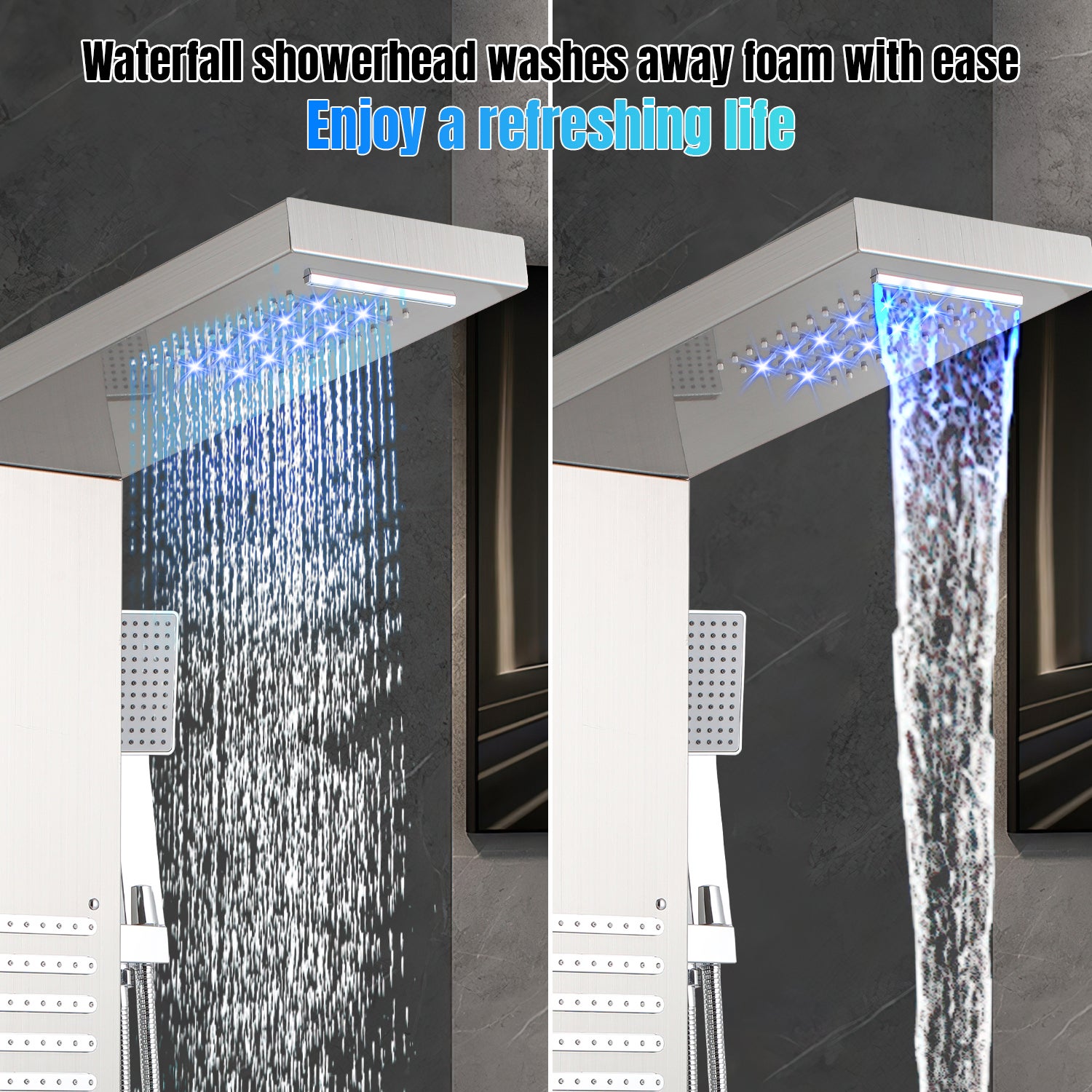 Panel de Columna de Ducha Hidromasaje LED Acero Inoxidable 5 funciones (Rociador de cascada y lluvia, ducha de mano, chorros de masaje, etc.) - A - 4