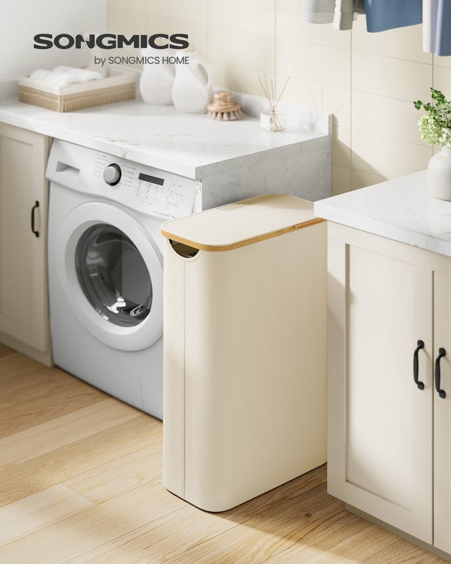 Panier à Linge Mince avec Couvercle, 65L, Doublure en Maille Amovible, Tissu Oxford, Pliable, 42 x 22,5 x 70,5 cm, Blanc Crème - 2