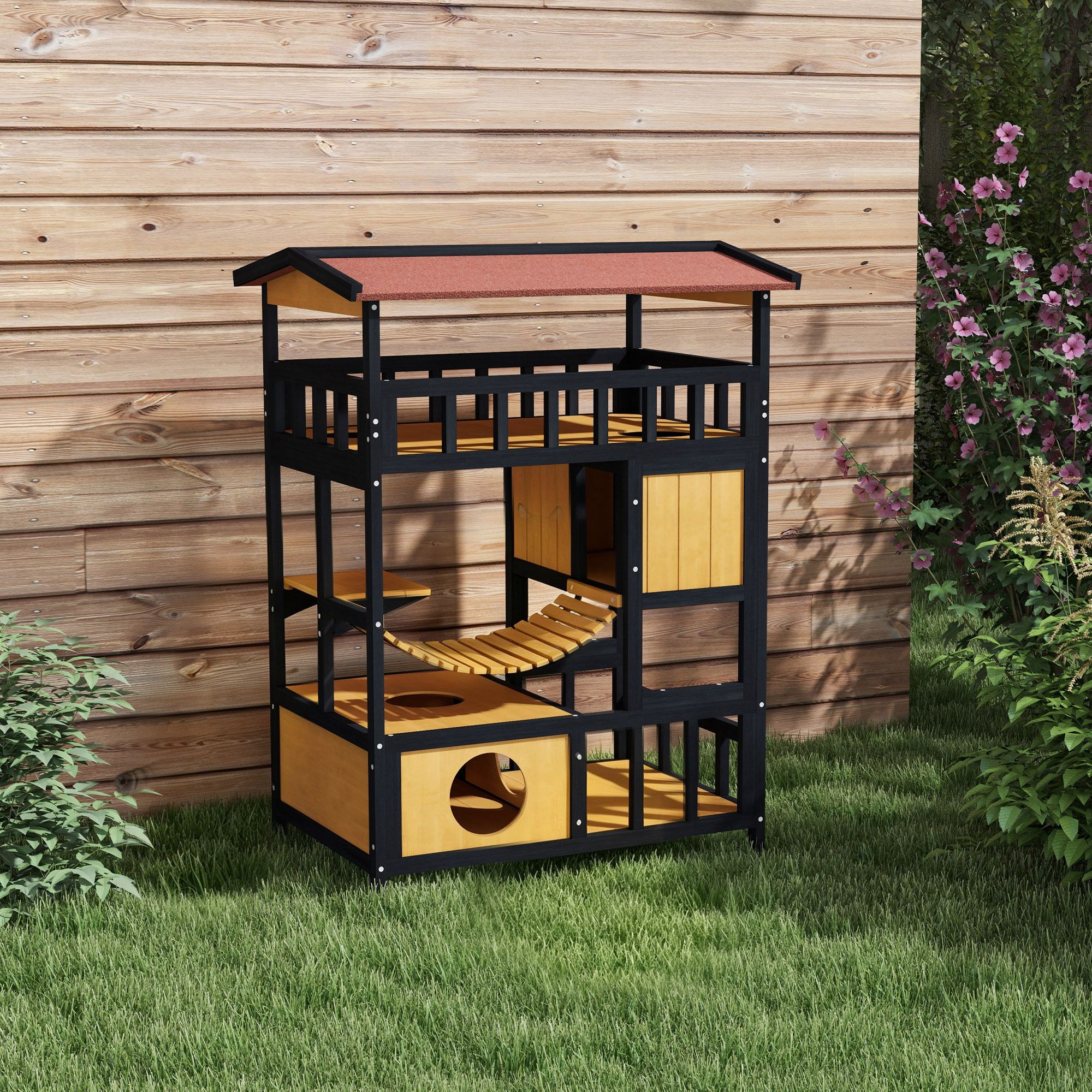 Casa para Gatos PawHut madeira de pinho Natural e Preto 84x60x116 cm - 2