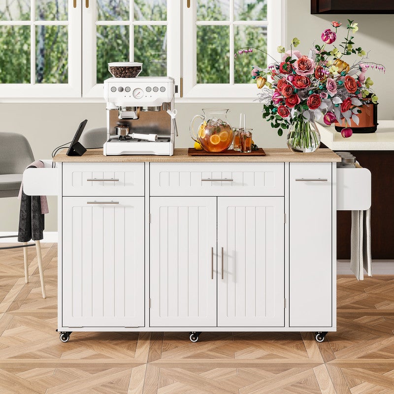 Îlot de Cuisine Mobile avec Rallonge Extensible 135 x 40-70 x 90 cm, meuble rangement mobile avec Plan de Travail, Poubelle Intégrée et Prises, Blanc - 2