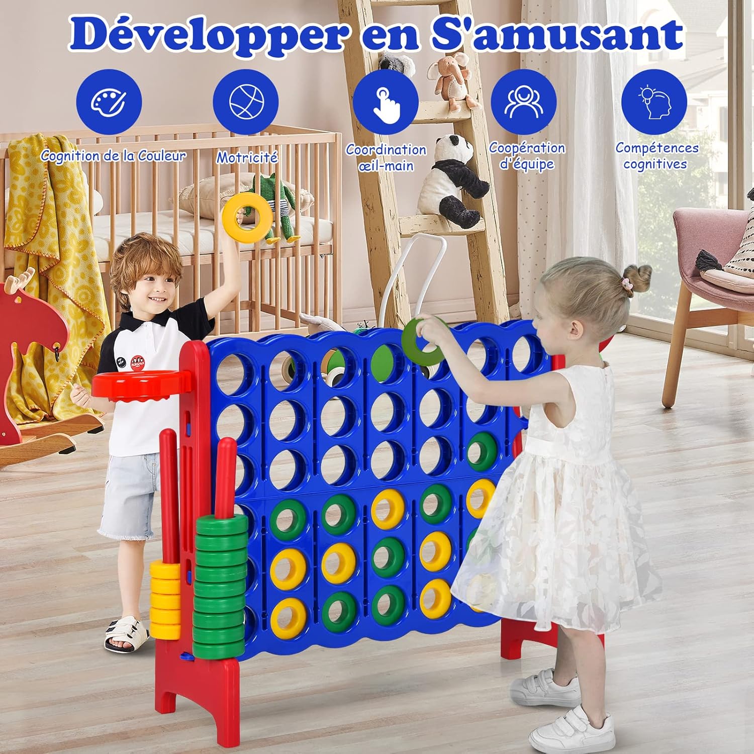 Puissance 4 Géant,Jeu de Société Puissance 4 avec 42 Anneaux et Curseurs pour Redémarrage Rapide, 84 x 33 x 79 cm, Rouge - 5