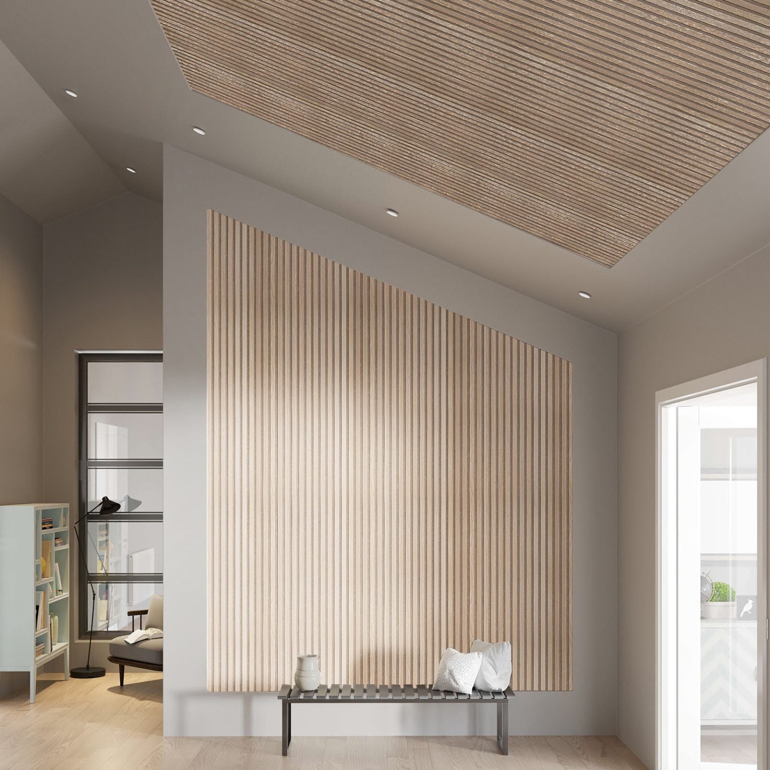Panel palilleria alistonado Akupanel acústico,decorativo de 240x60cm,fieltro y listones MDF chapado madera natural Roble Clásico (fieltro beige) - 5