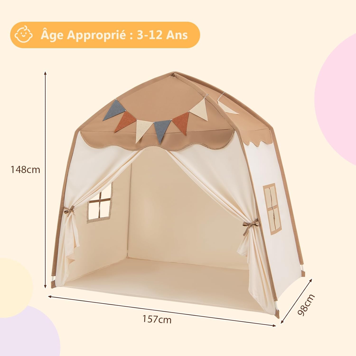 Tenda per bambini grande, casetta da gioco per bambini da interno ed esterno con luci, bandiere, 2 porte, 2 finestre, tenda indiana lavabile in lavatr - 7
