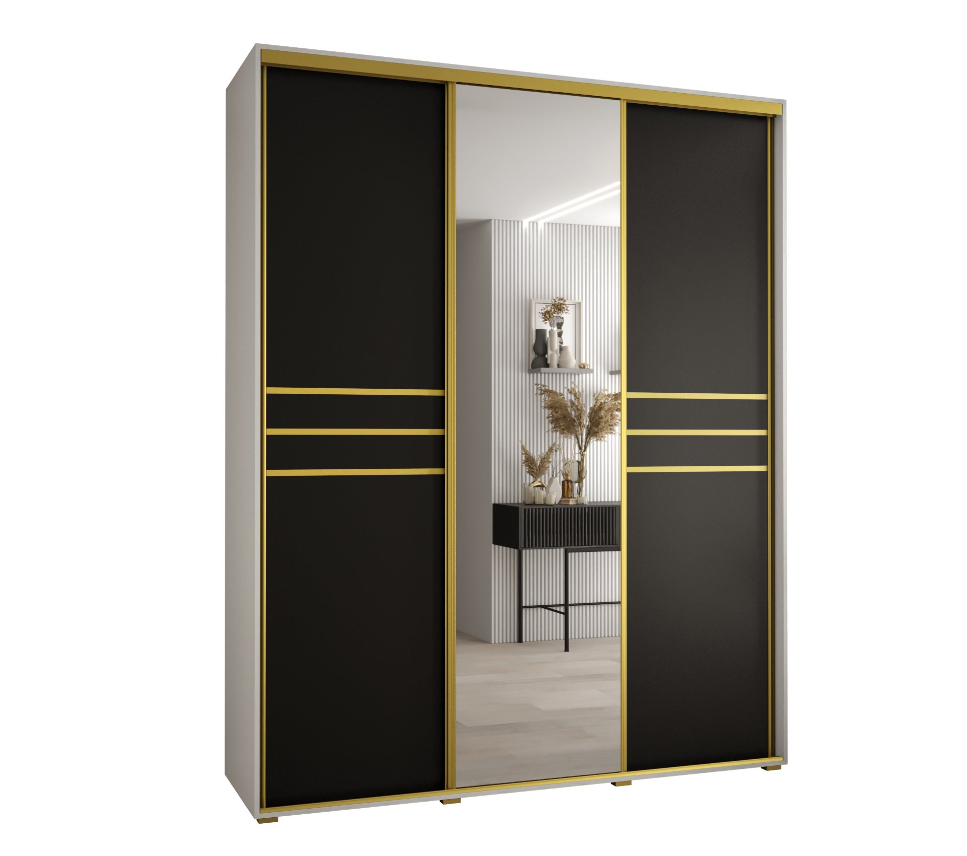 Szafa przesuwna z lustrem wysoka Davos 11 200 x 45 x 235,2 cm biały + czarny + u. złoty - Abiks Meble