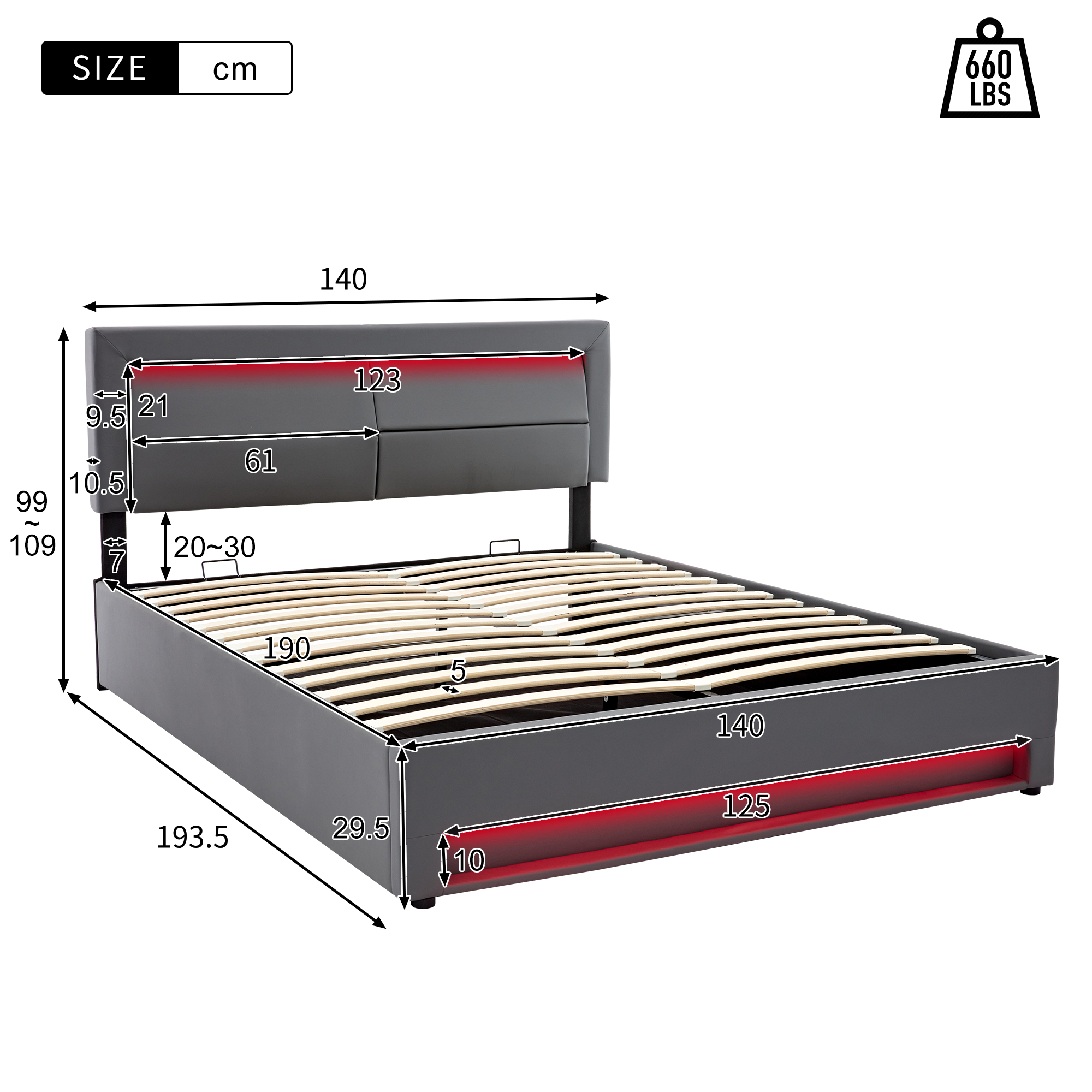 Lit coffre 140x190 cm,lit rembourré -port usb+éclairage led+ grand espace rangement - sans matelas-gris - 4