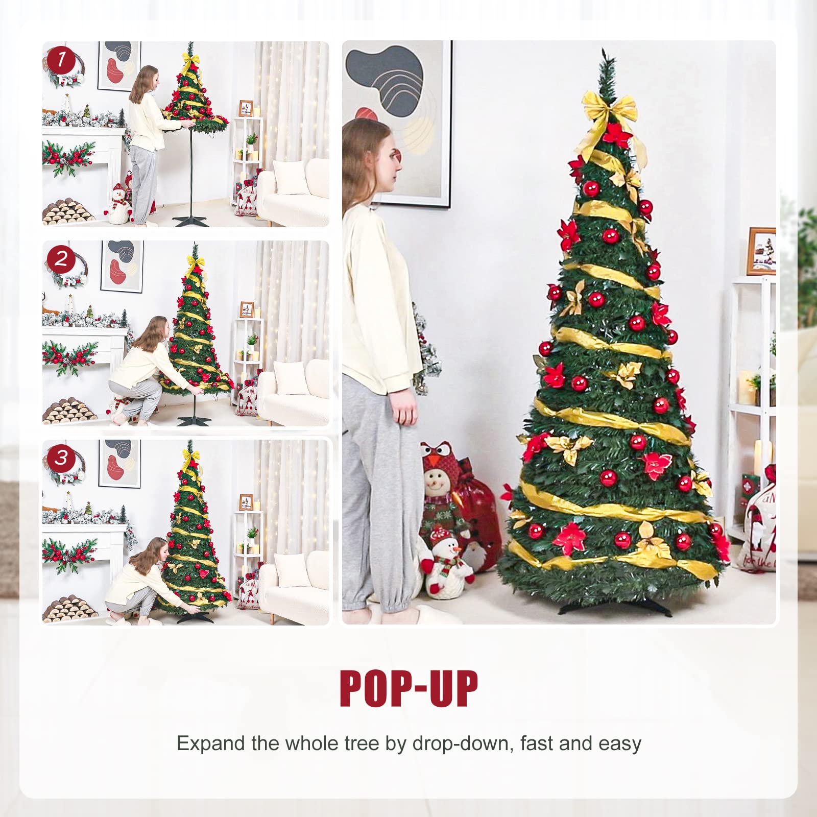 Sapin de Noël portable, sapin de Noël pliable pré-décoré, décorations de Noël pop-up, lumières LED aux tons chauds, 150 cm - 4