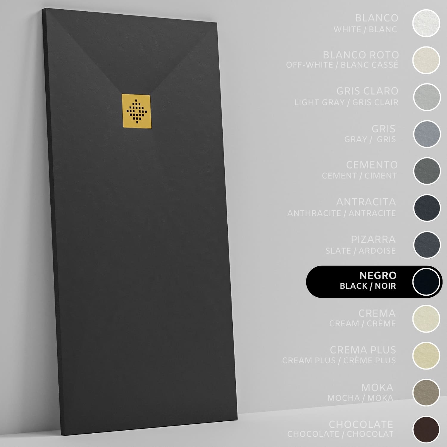 SOULHOME Brodzik prysznicowy– Żywica– Gel Coat– Gładka/Kamienna tekstura – Antypoślizgowy – czarny – 100X75- Niski 3 cm– Ruszt Złoty