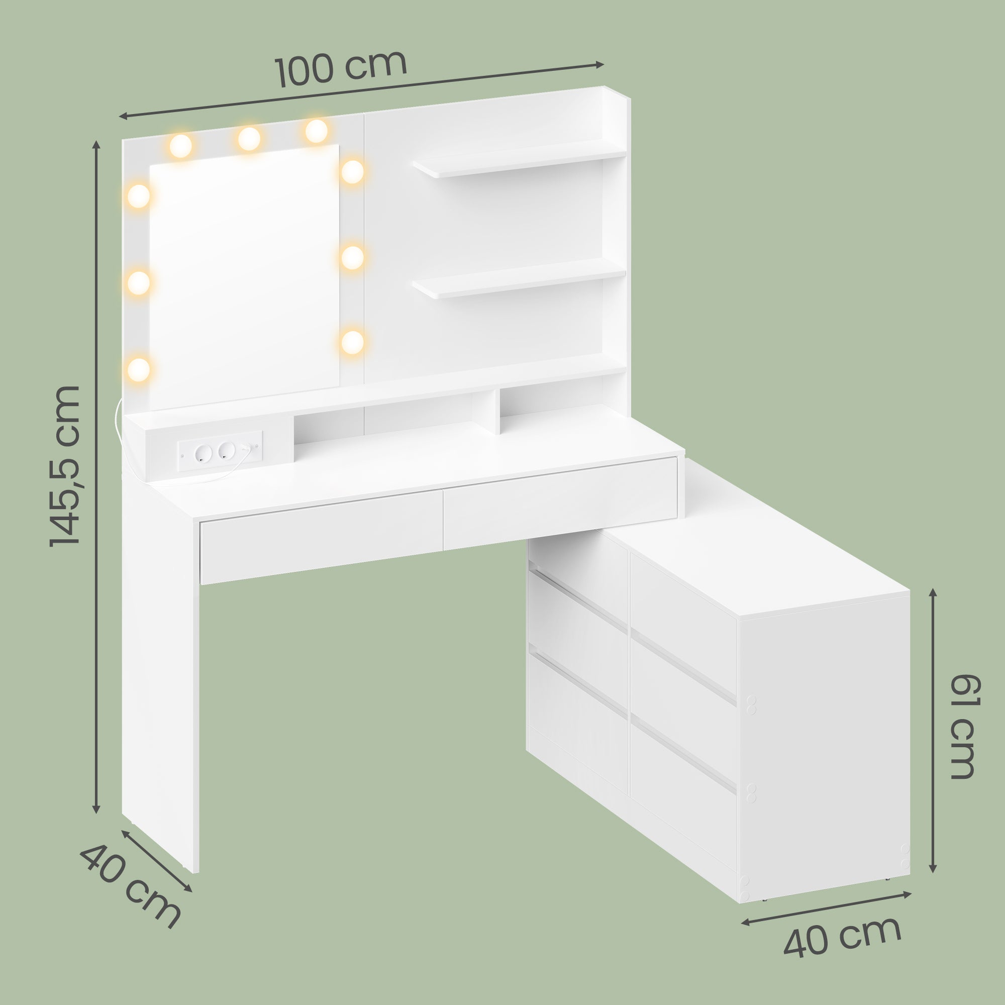 Table de Maquillage Modulable, en Ligne ou en L, Miroir LED 9 Ampoules, avec Multiprise, 8 Tiroirs, Blanc - 5