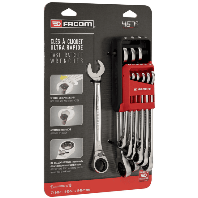 Jeu de 10 clés mixtes à fourche à cliquet métriques de 8à19mm - FACOM 467BR.JP10PB