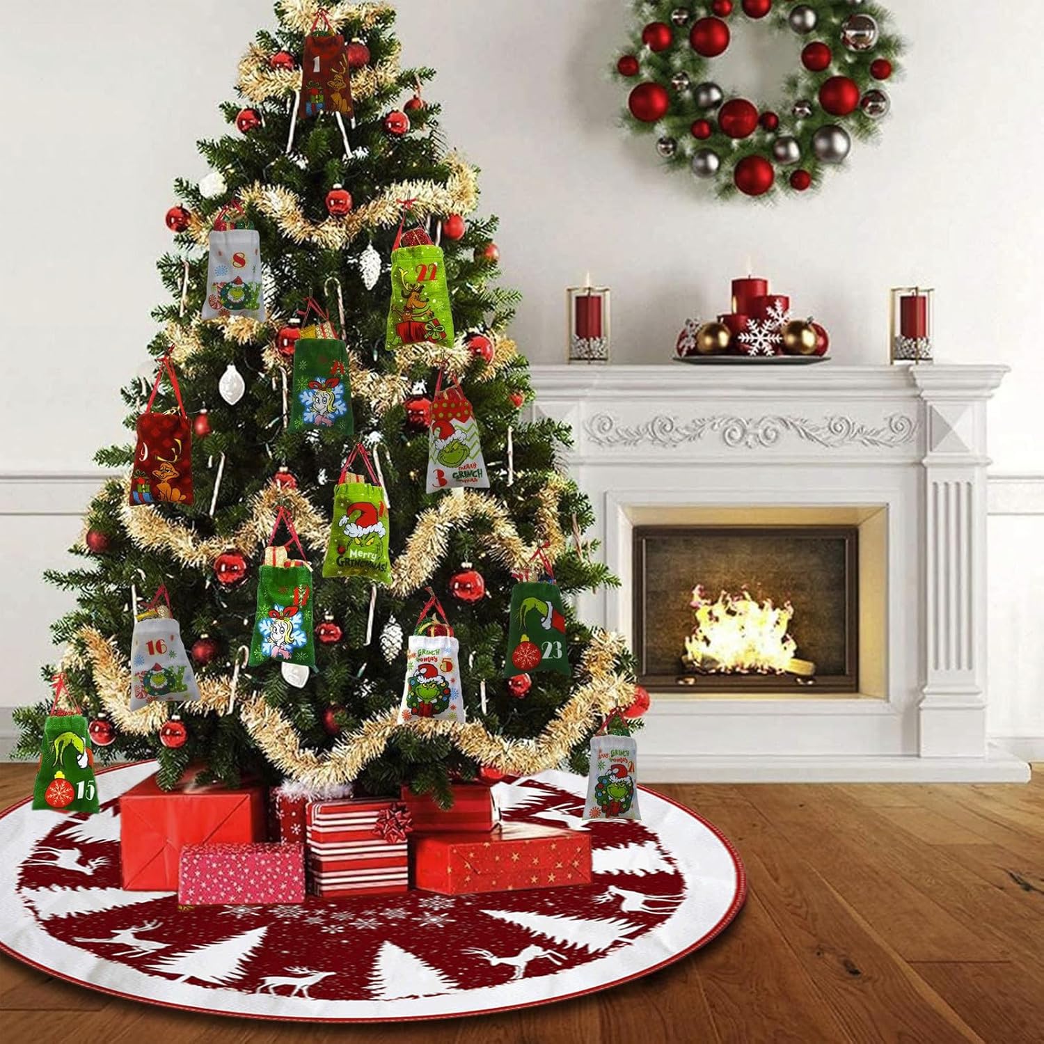 Falda para árbol de Navidad, tapete para árbol de Navidad de 90 cm con copos de nieve y Elan, rojo y blanco, para decoración interior y exterior (A) - 3