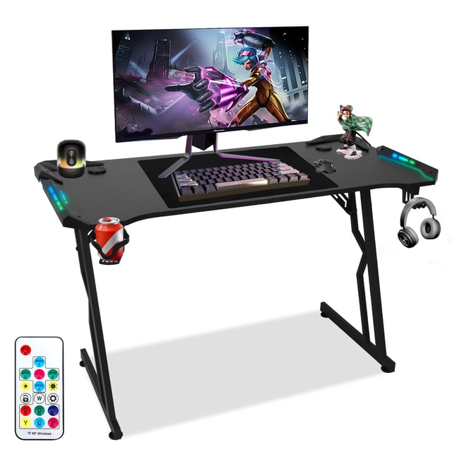 LED Bureau Gaming 120 x 60 cm, Bureau Gamer avec Plateau en Fibre de Carbone, Table de Jeu Ergonomique, Noir
