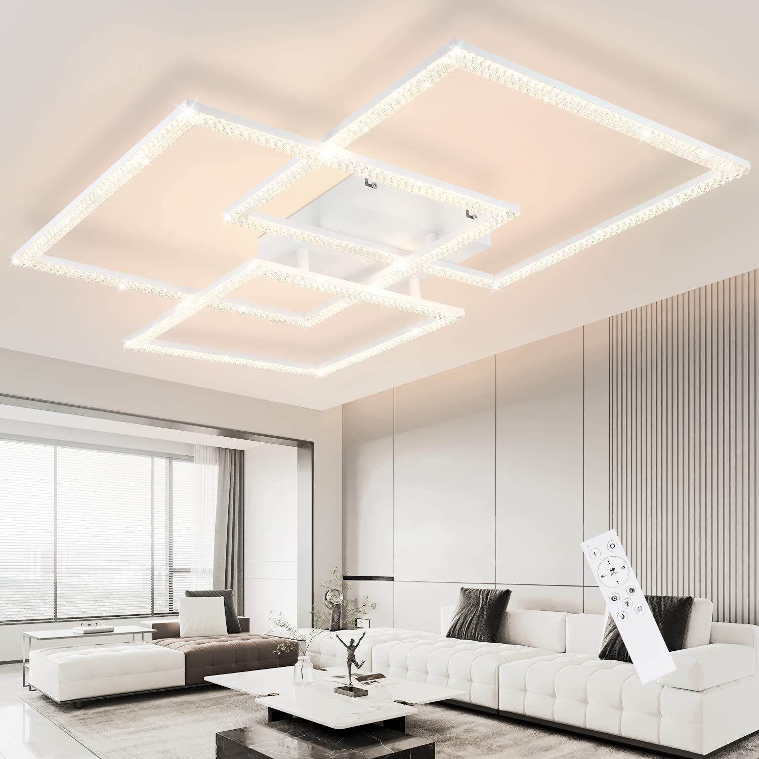 ZMH Lampa sufitowa LED kwadratowa kryształowa biała do salonu z pilotem 82W